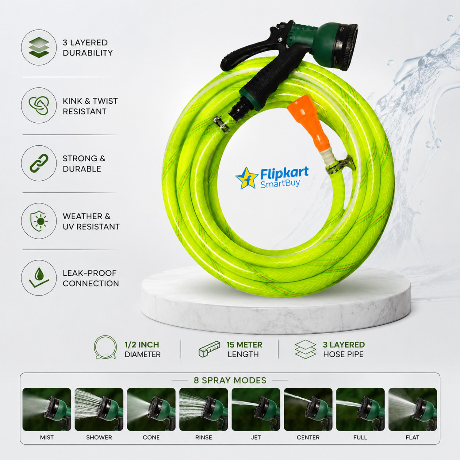 Image of Flipkart SmartBuy 15 Meter (50 Feet) Braided Water Hose Pipe With 8 Mode Water Sprayer Hose Pipe
