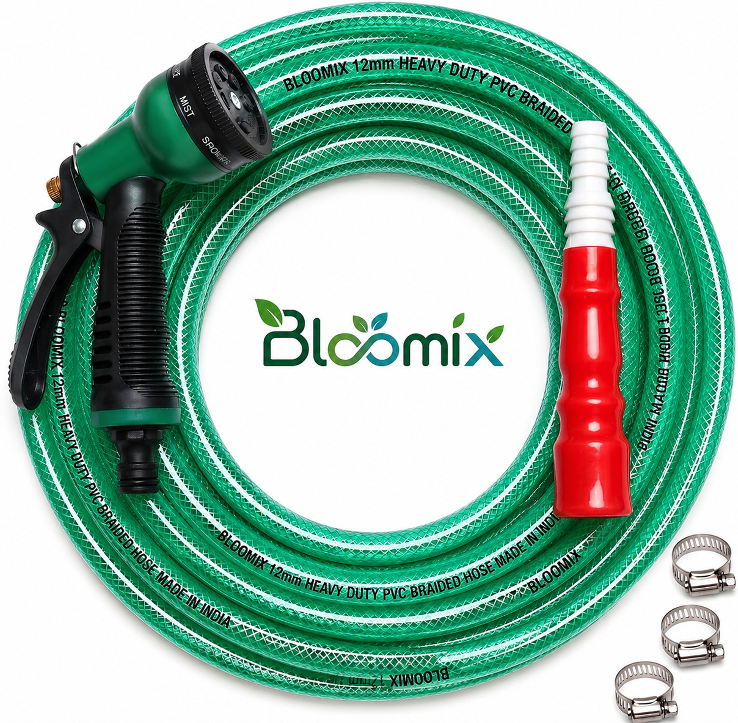 Image of BloomiX 12mm (1 /2 Inch) 5 Meter Heavy Duty 3 Layered PVC Braided Garden Hose Pipe with 8 Mode Spray Gun, Tap Adapter, 3 Clamps, for Car Wash, Garden Watering Hose Pipe