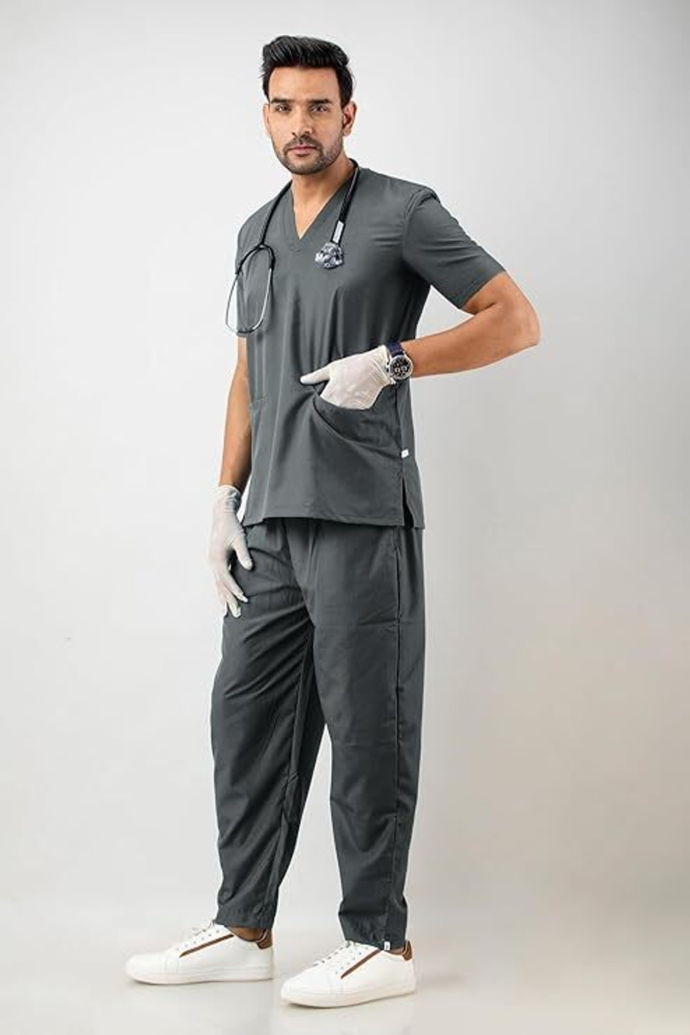 Image of Shamshara Mediwear Classic V-Neck Healthcare Uniform Set -Men Grey Shirt, Pant Hospital Scrub