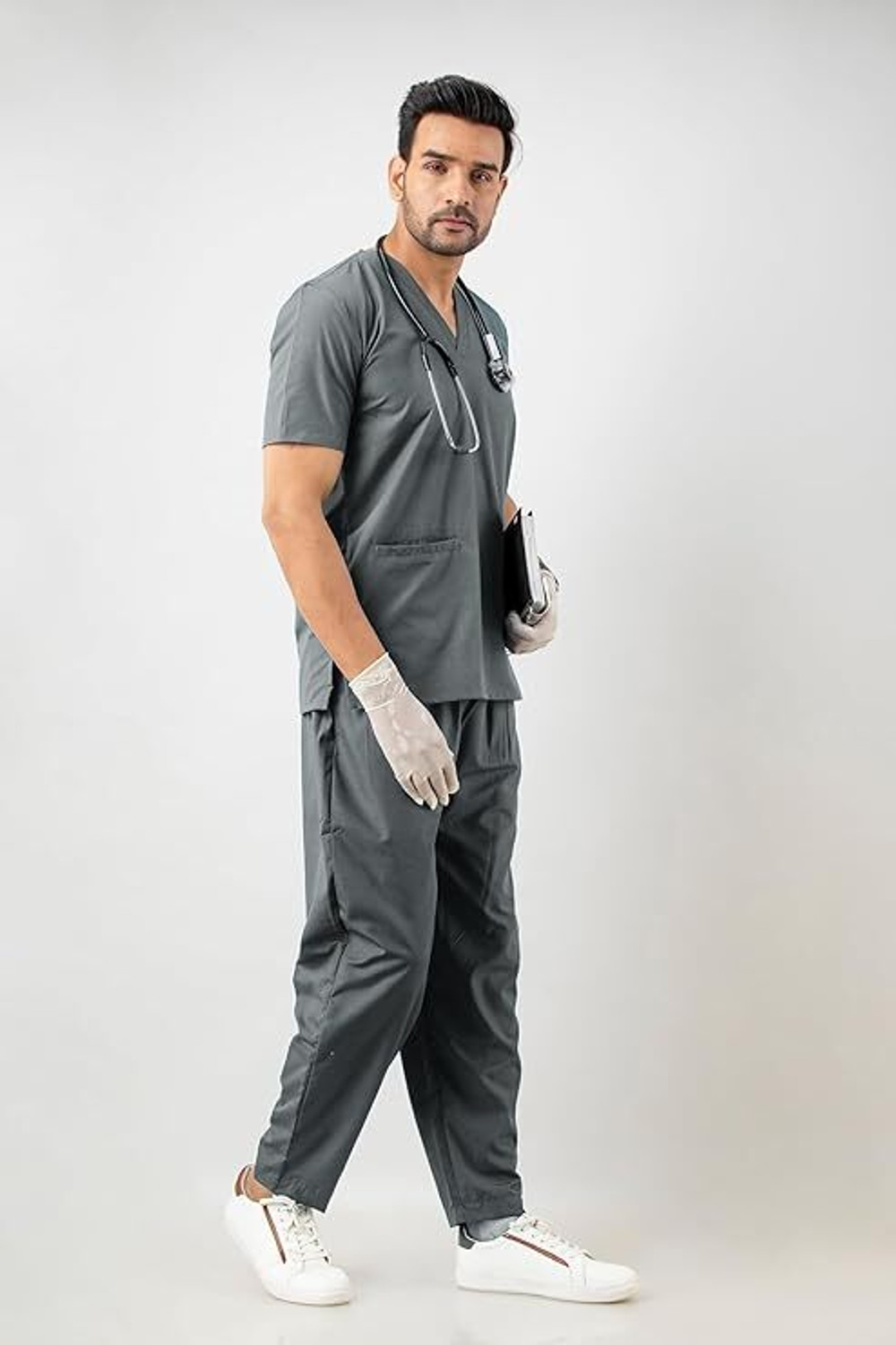 Image of Shamshara Mediwear Classic V-Neck Healthcare Uniform Set -Men Grey Shirt, Pant Hospital Scrub