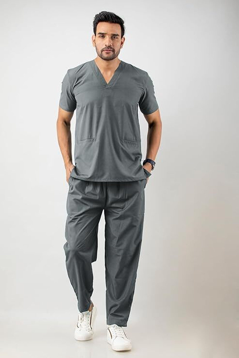 Image of Shamshara Mediwear Classic V-Neck Healthcare Uniform Set -Men Grey Shirt, Pant Hospital Scrub