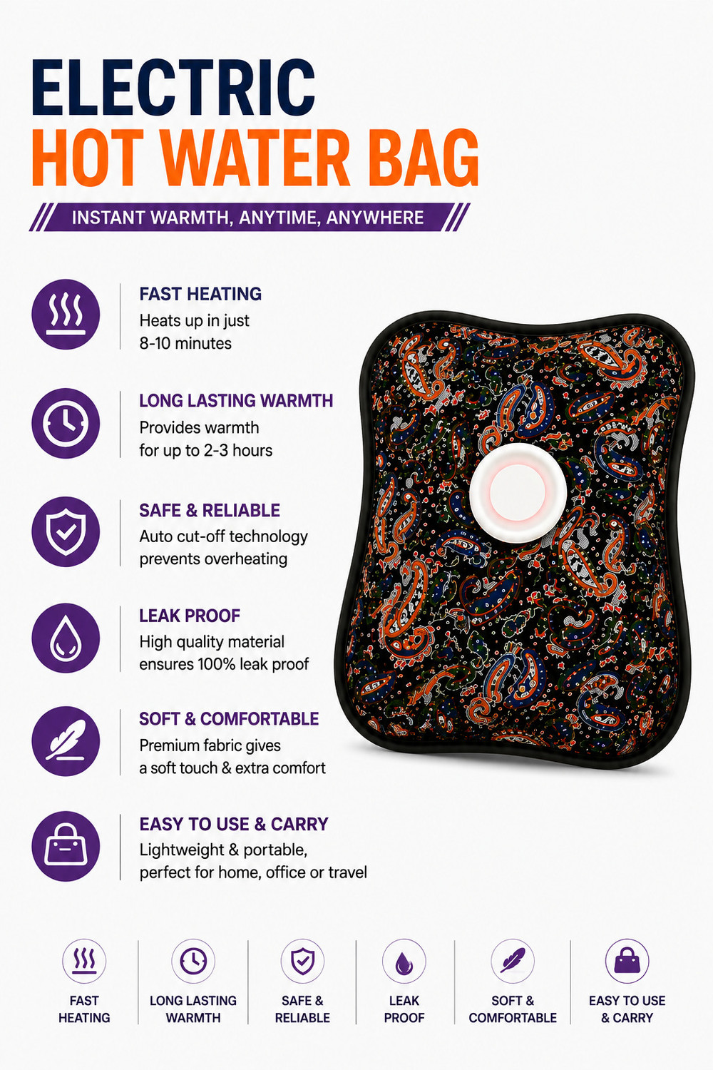 Image of CURESURE Electric Heat-Pouch Heating Bag Electric Electrical 1 L Hot Water Bag (Multicolor)