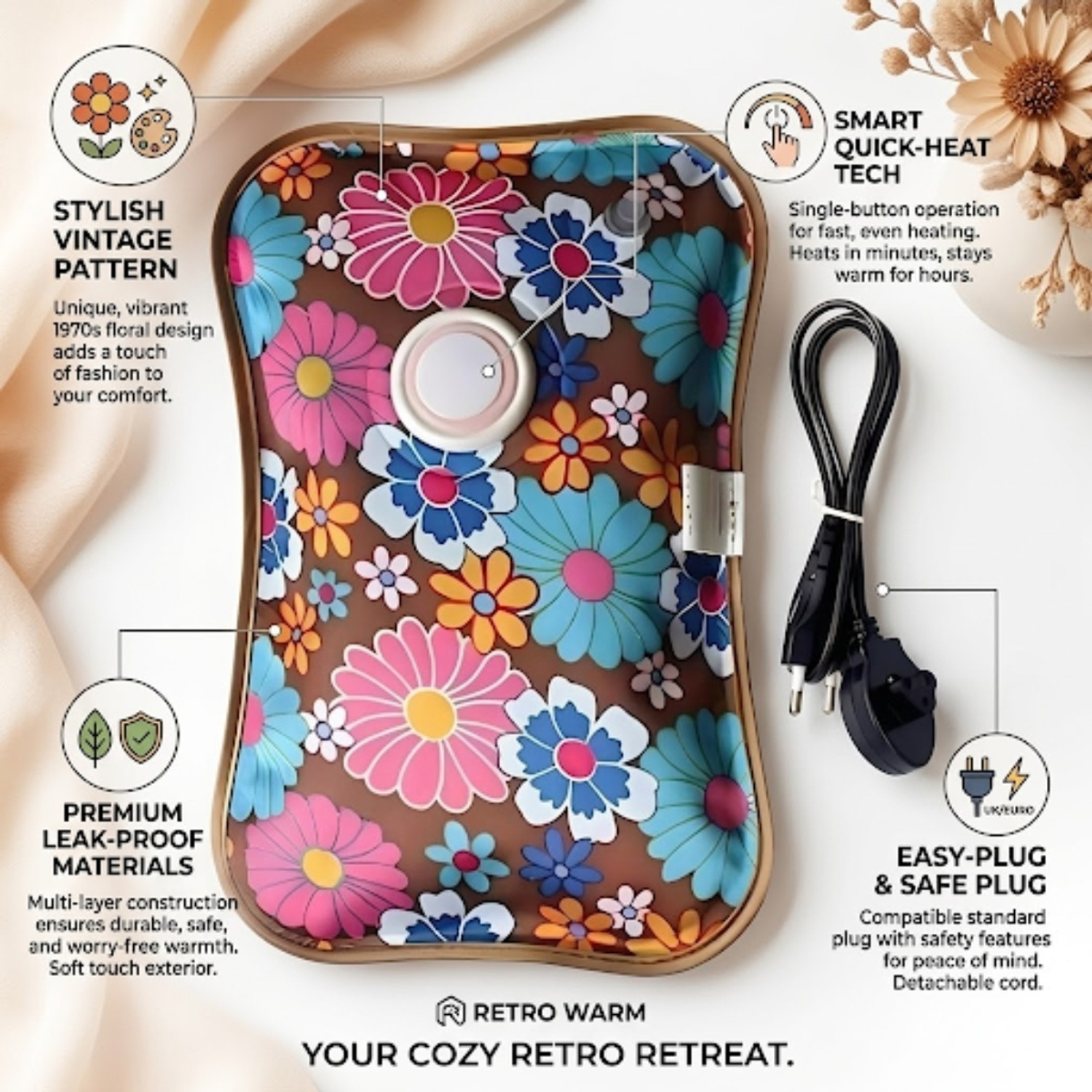 Image of VELORA Electric Hot Water Bag with Auto power Cut-off for Winter Pain Relief Warm Bag Electrical 1 L Hot Water Bag