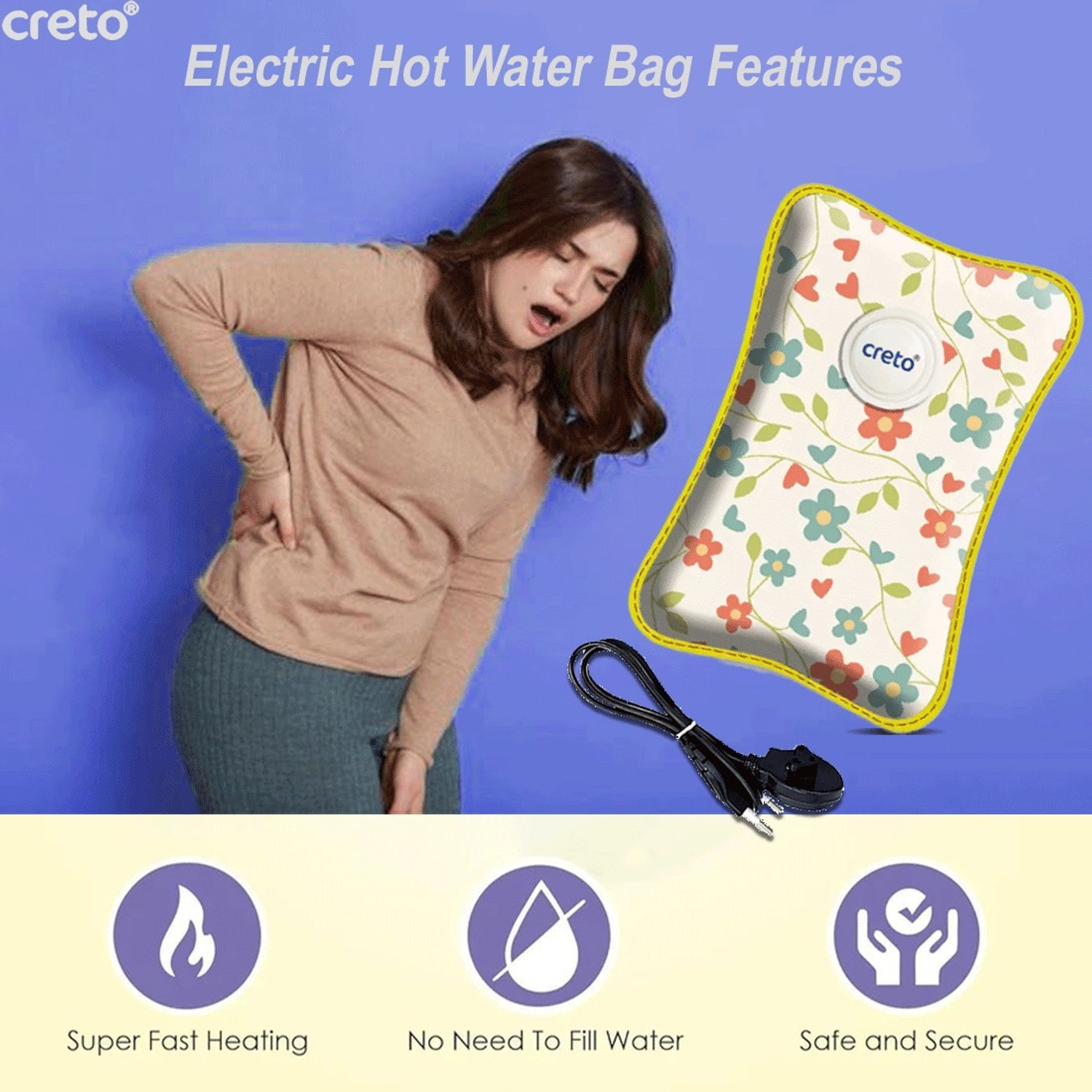 Image of CRETO Super Quality (Body Pain & Period Cramps) Warm Electric 1 L Hot Water Bag