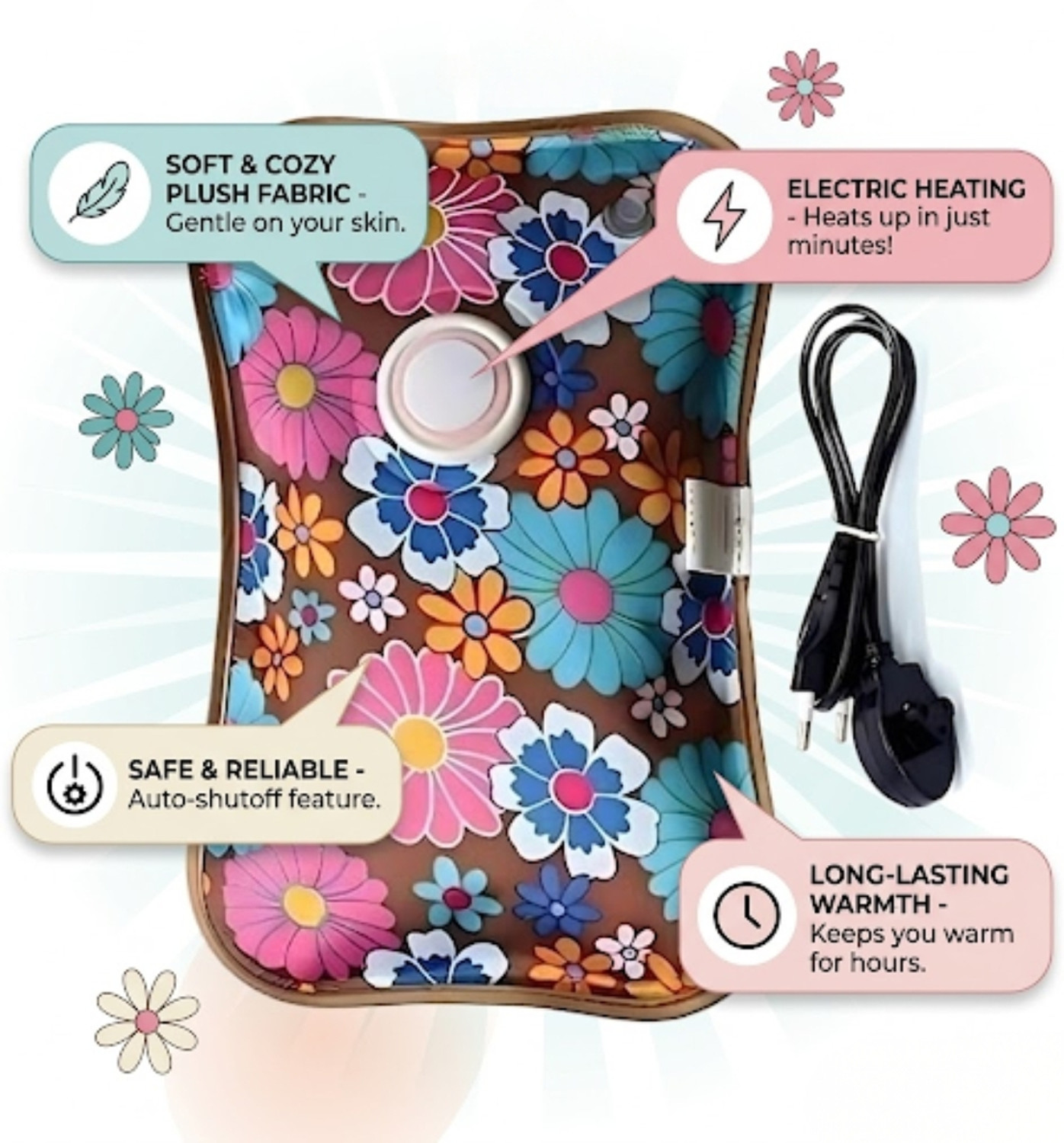 Image of VELORA Electric Hot Water Bag with Auto power Cut-off for Winter Pain Relief Warm Bag Electrical 1 L Hot Water Bag