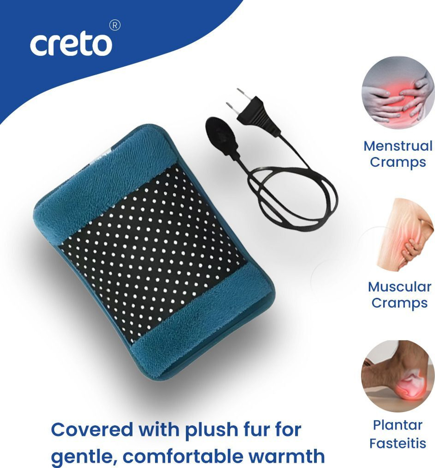 Image of CRETO Electric Hot Gel Bag | Auto Power Cut off Saftey | Soft Fur Surface Electric 1 L Hot Water Bag (Multicolor)