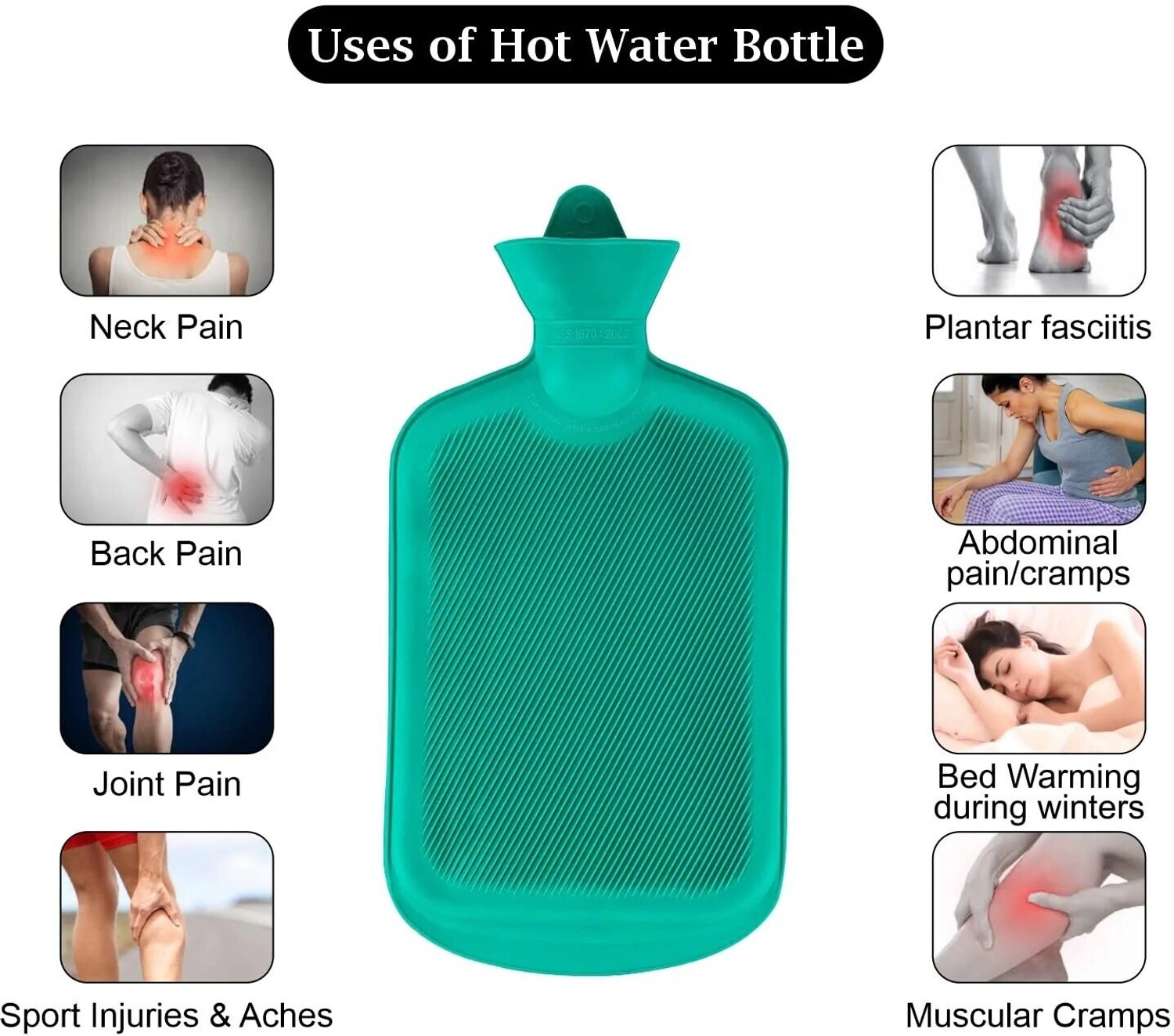 Image of Ukarto Rubber Hot Water Bag for Periods, Back, Stomach Pain Relief Non Electrical 2 L Hot Water Bag (Green)
