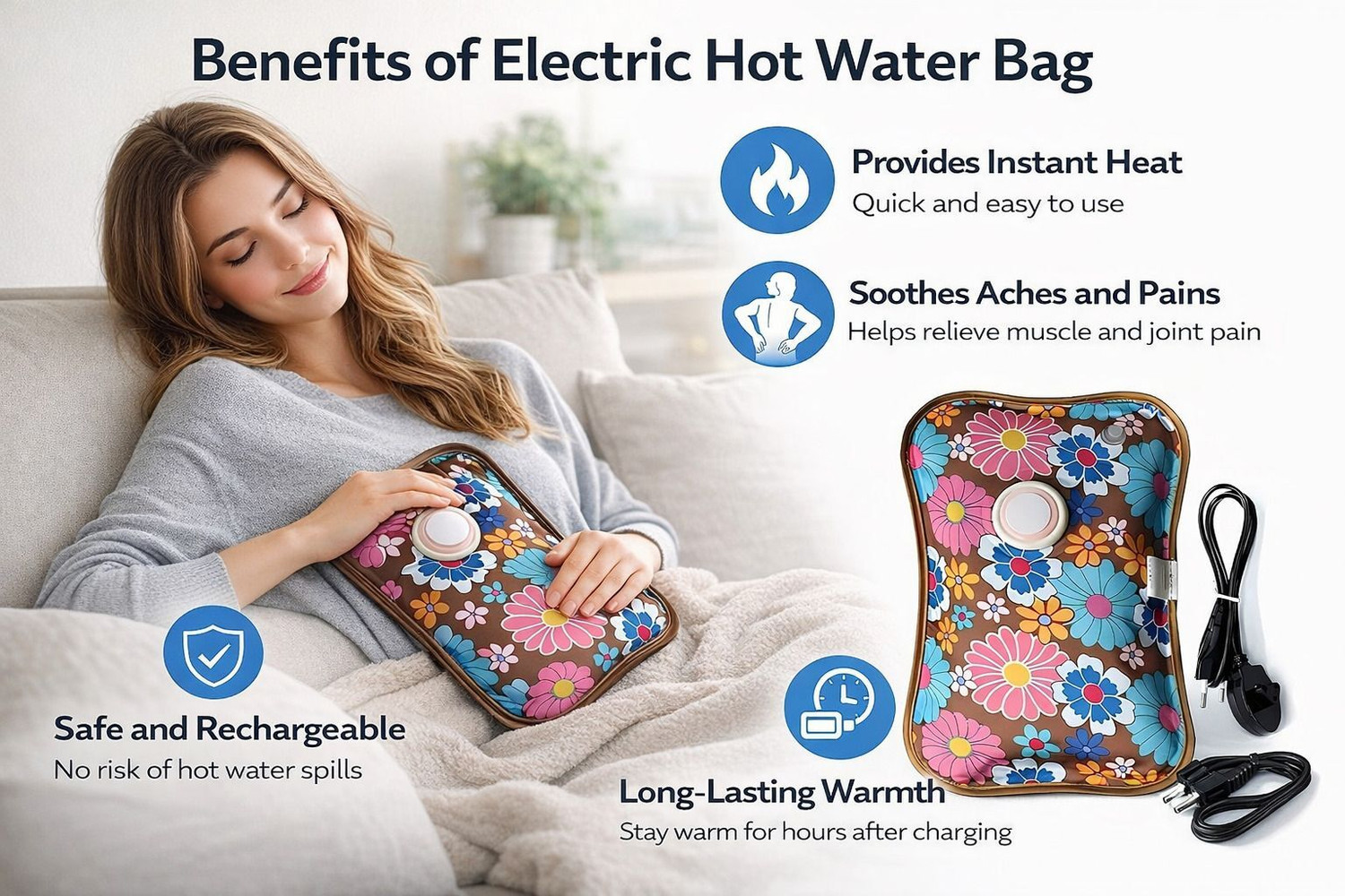 Image of CRESCENT Premium Electric Hot Water Bag for Pain Relief |Heating Gel Bag for Winter Electric 1000 ml Hot Water Bag (Multicolor)