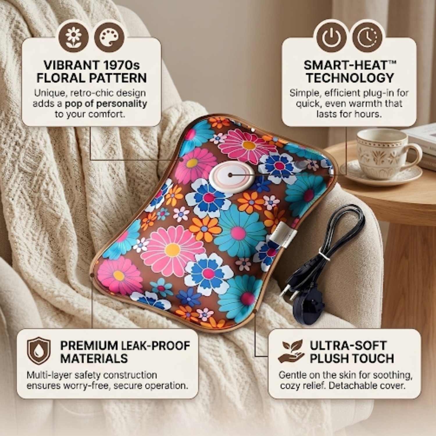 Image of VELORA Electric Hot Water Bag with Auto power Cut-off for Winter Pain Relief Warm Bag Electrical 1 L Hot Water Bag