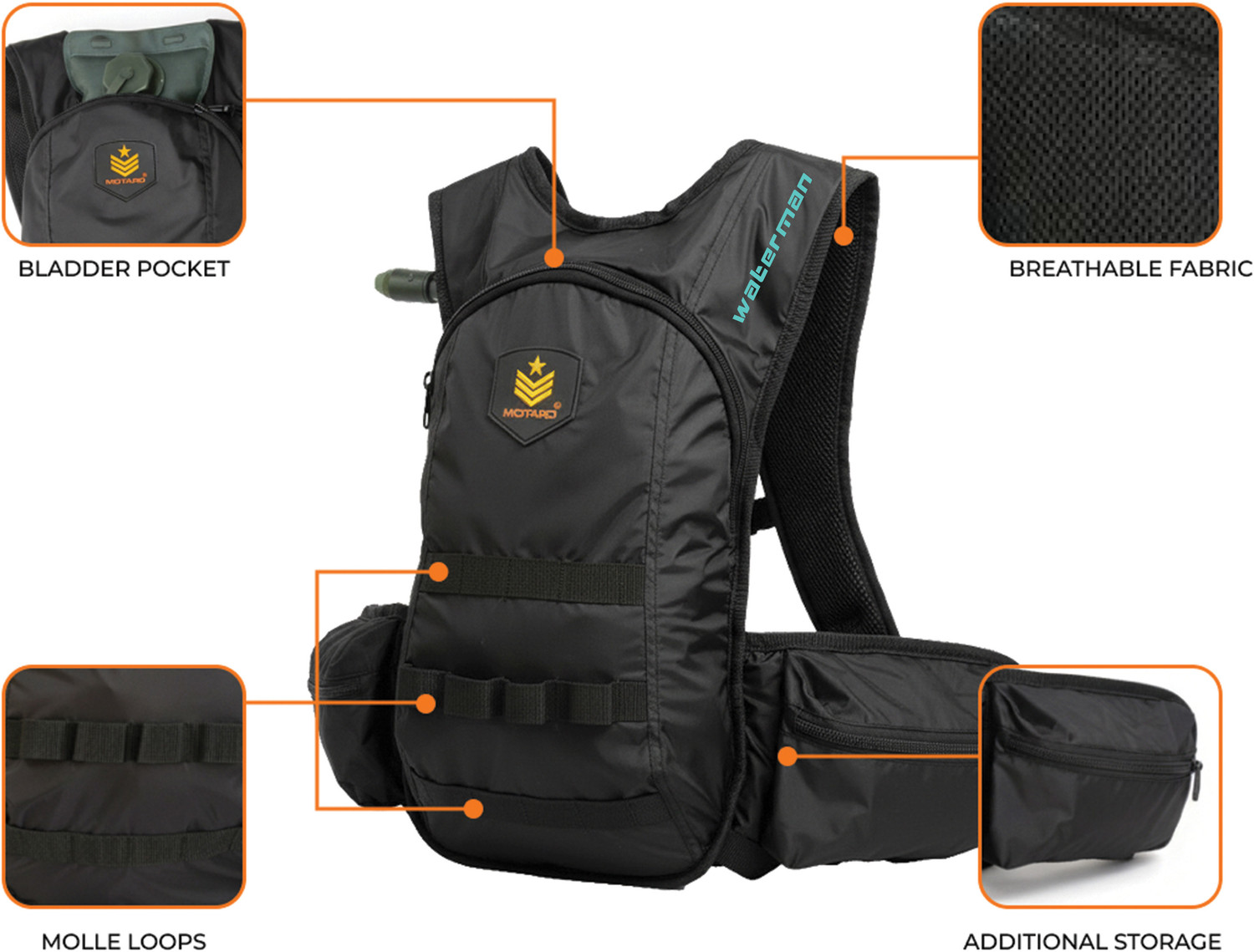 Image of Motard Waterman H20 Hydration Tactical Backpack Black with 2L Hydration Pack