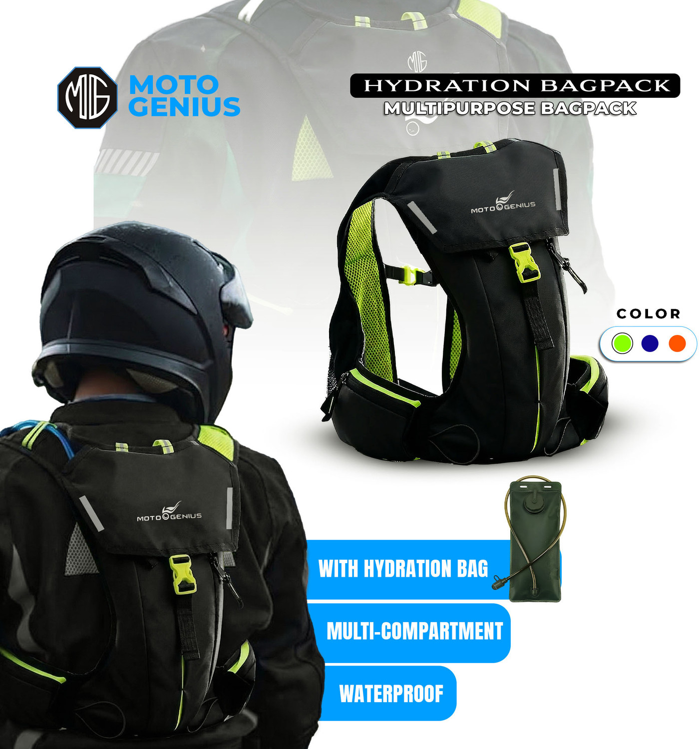 Image of Moto Genius Hydration Backpack with 2L BPA-Free Bladder, Multi-Compartment Storage(Neon) Hydration Pack