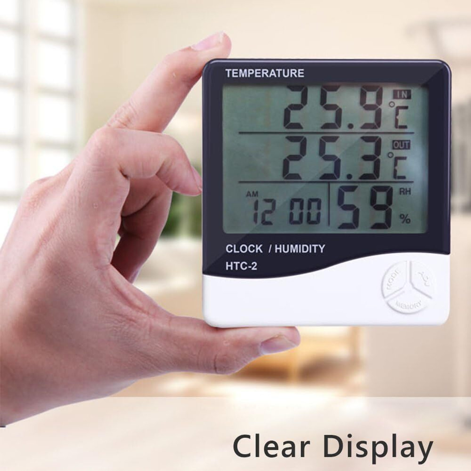 Image of gadgetschroma HTC-2 Digital Hygrometer Thermometer Humidity Meter With LCD Display Clock A24 Hydrometer