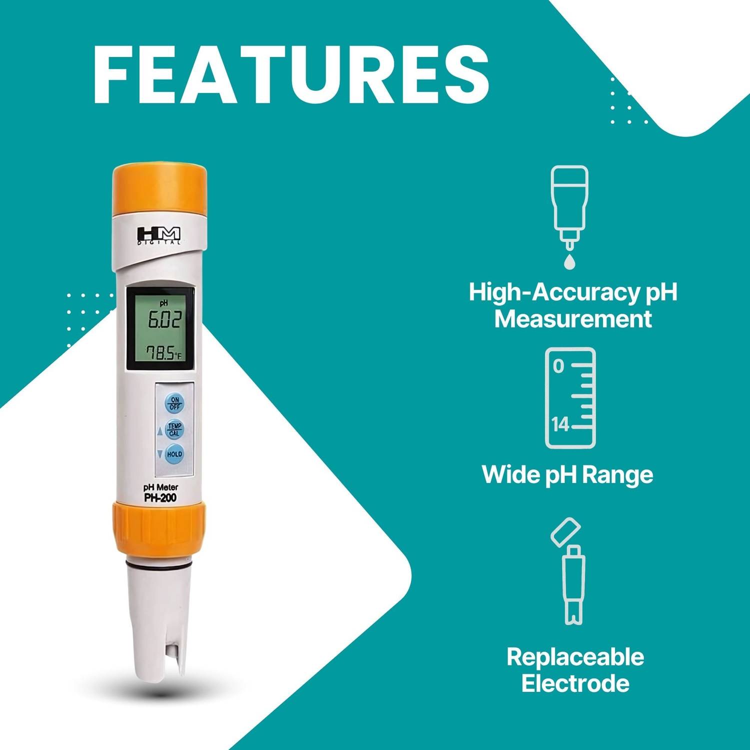HM DIGITAL Waterproof Handheld PH-200 pH Meter With Carrying Case