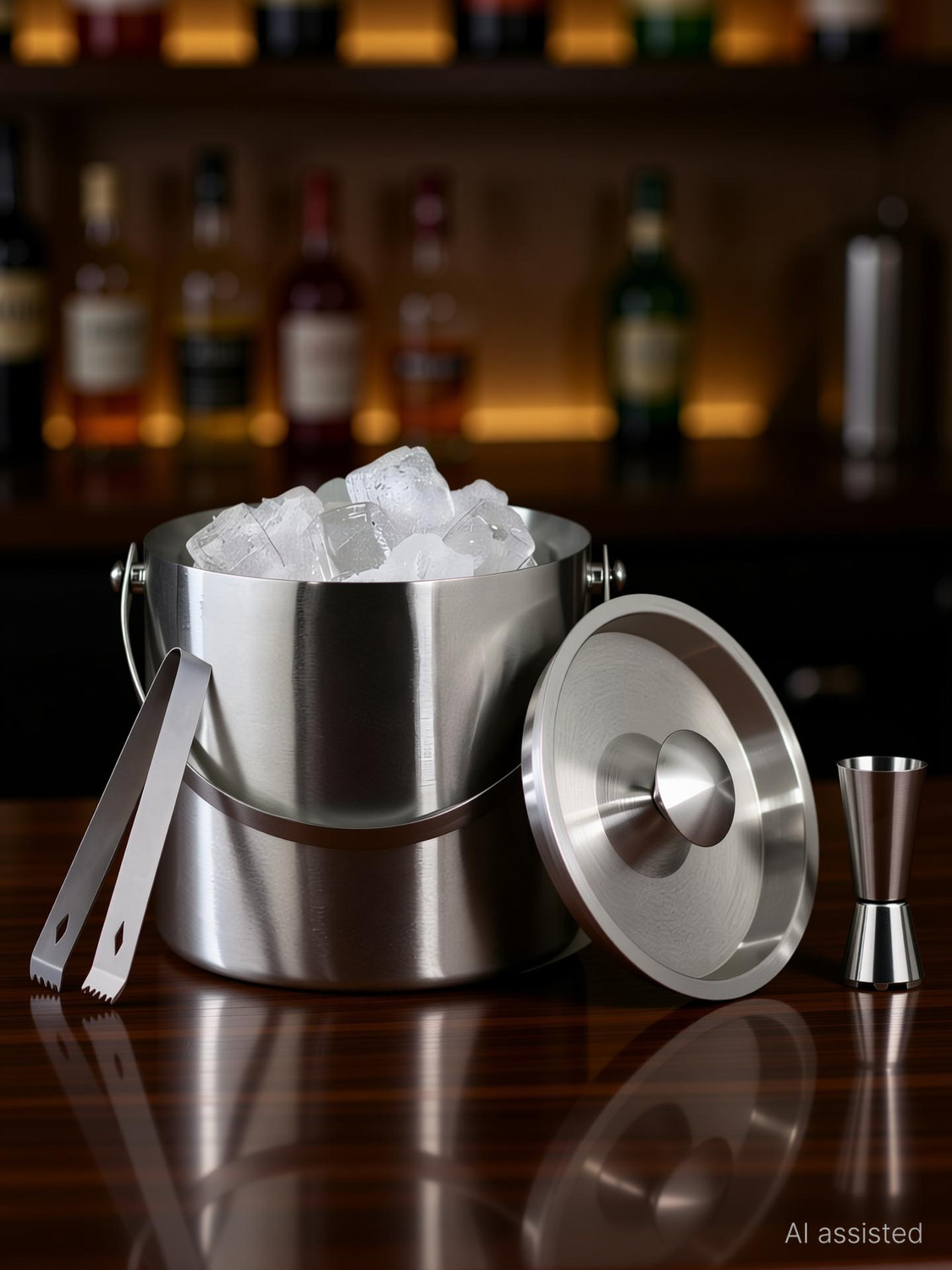 Image of EVK 1.6 L Steel Insulated Ice Bucket with Lid | Ice Tong and Peg Measure 1.5 Liter Ice Bucket