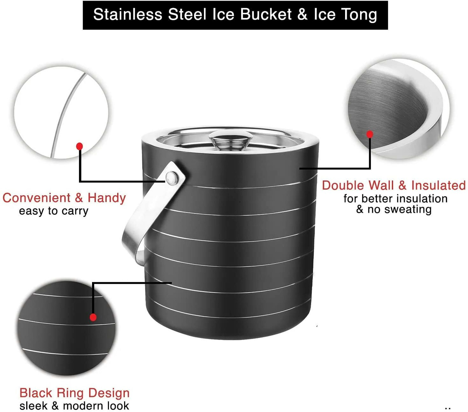 Image of EVK Black Ring Bar Set for Drink Gift, Double Wall-Ice Bucket, Tong & Peg Measure( 3 - Piece Bar Set