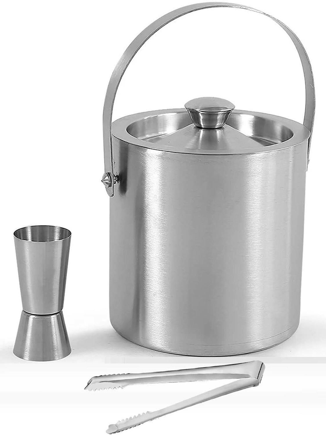 Image of EVK 1.1 L Steel Double Walled Stainless Steel Insulated Ice Bucket with Lid Ice Tong peg Measure Ice Bucket