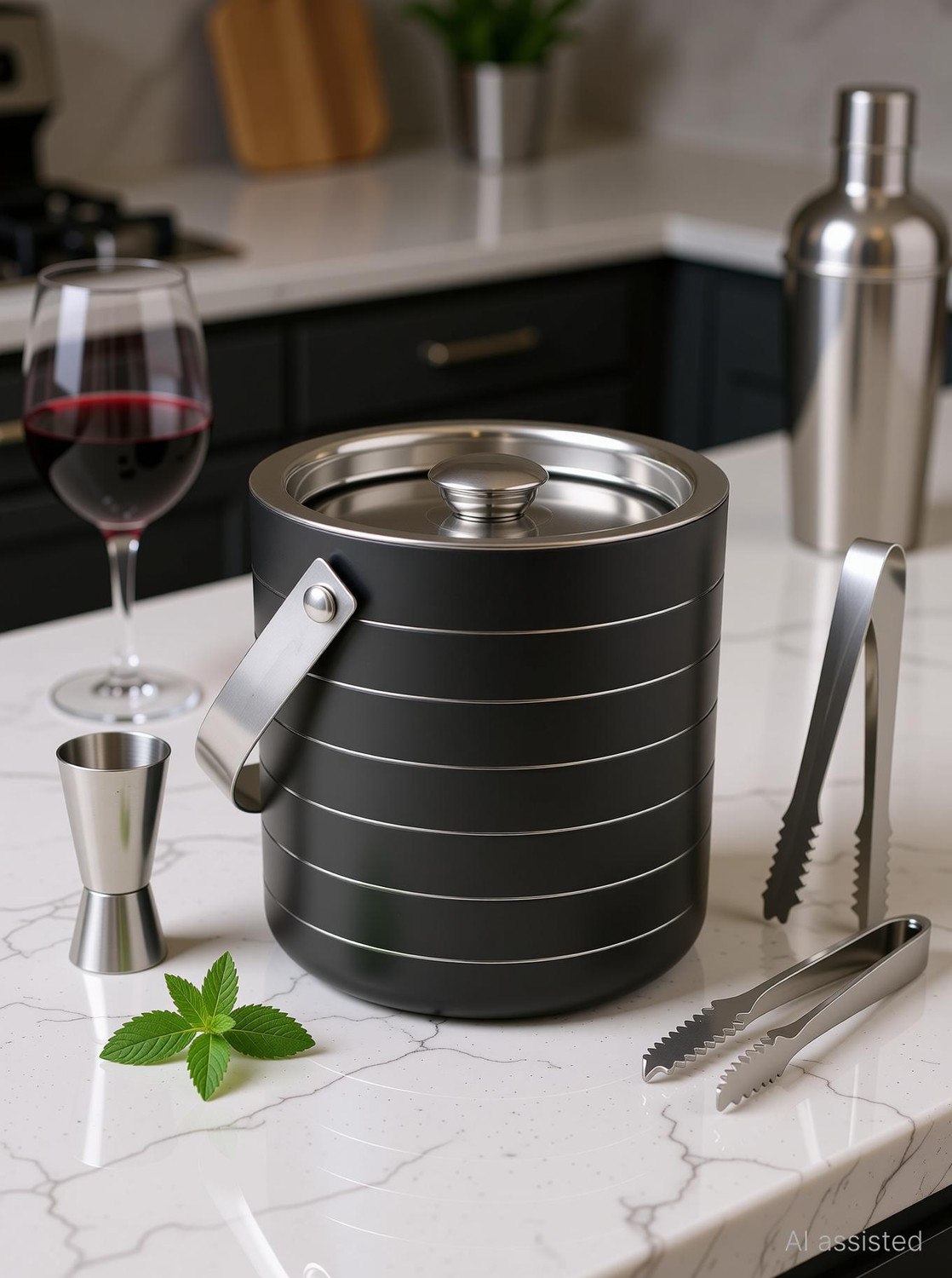 Image of EVK 1.5 L Steel Double Walled Stainless Insulated with Lid Tong Measure Ice Bucket