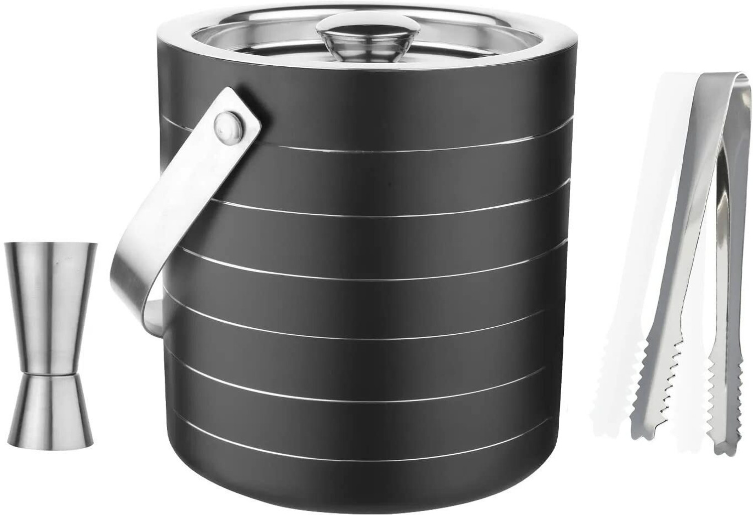 Image of EVK Black Ring Bar Set for Drink Gift, Double Wall-Ice Bucket, Tong & Peg Measure( 3 - Piece Bar Set