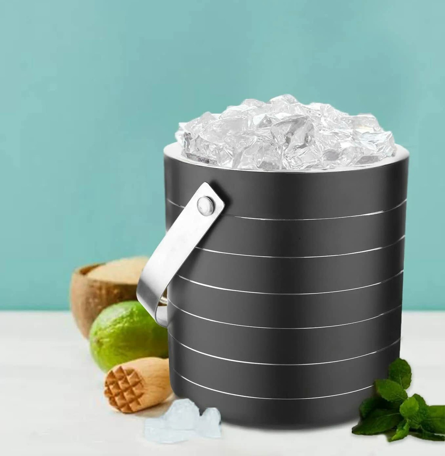 Image of EVK 1.5 L Steel Double Walled Stainless Insulated with Lid Tong Measure Ice Bucket