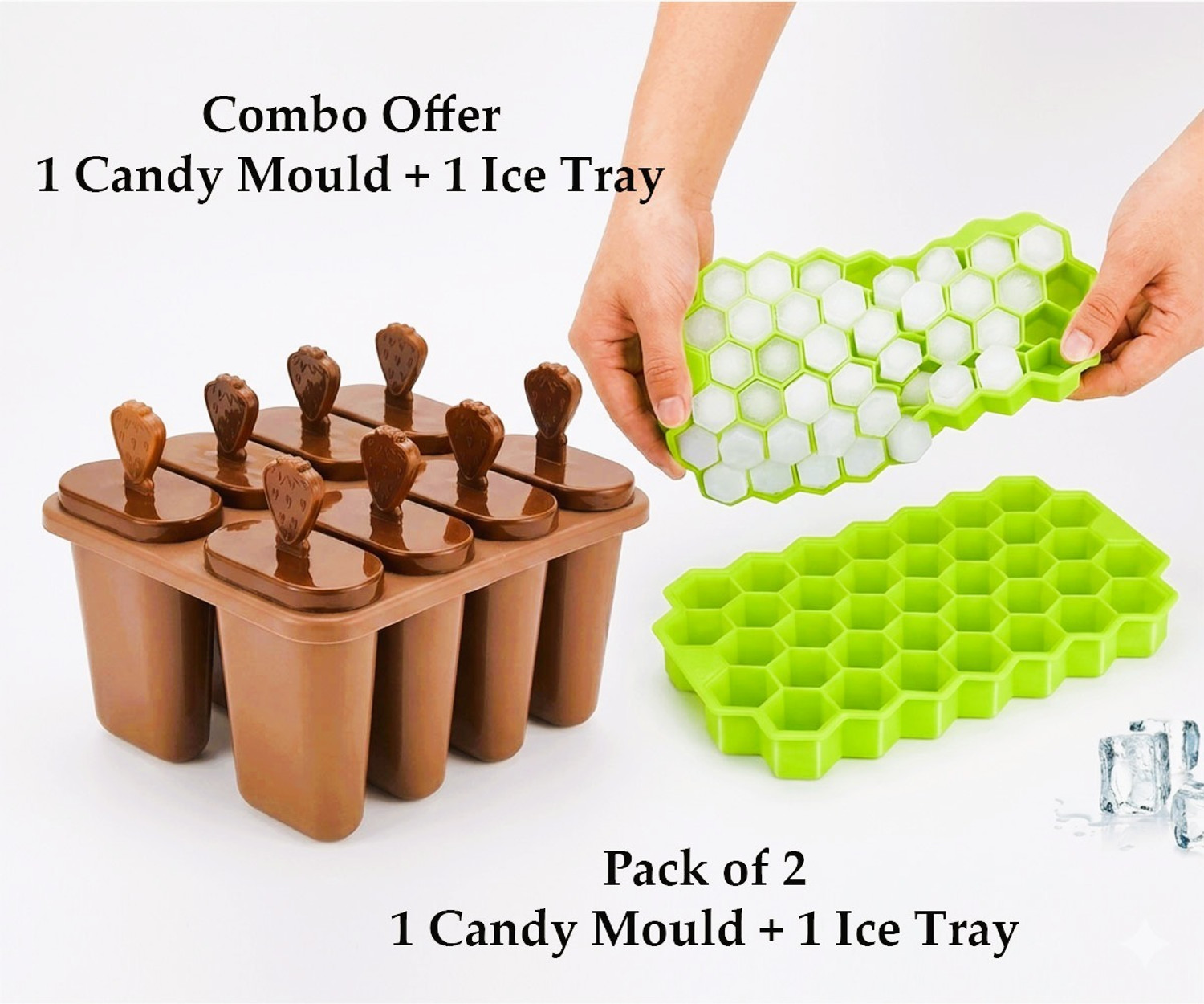 Image of SHIVGAURI Pack Of 2- 1 Ice Tray and 1 Ice Cream Moulds /Kulfi Mould Brown, Green Plastic Ice Cube Tray
