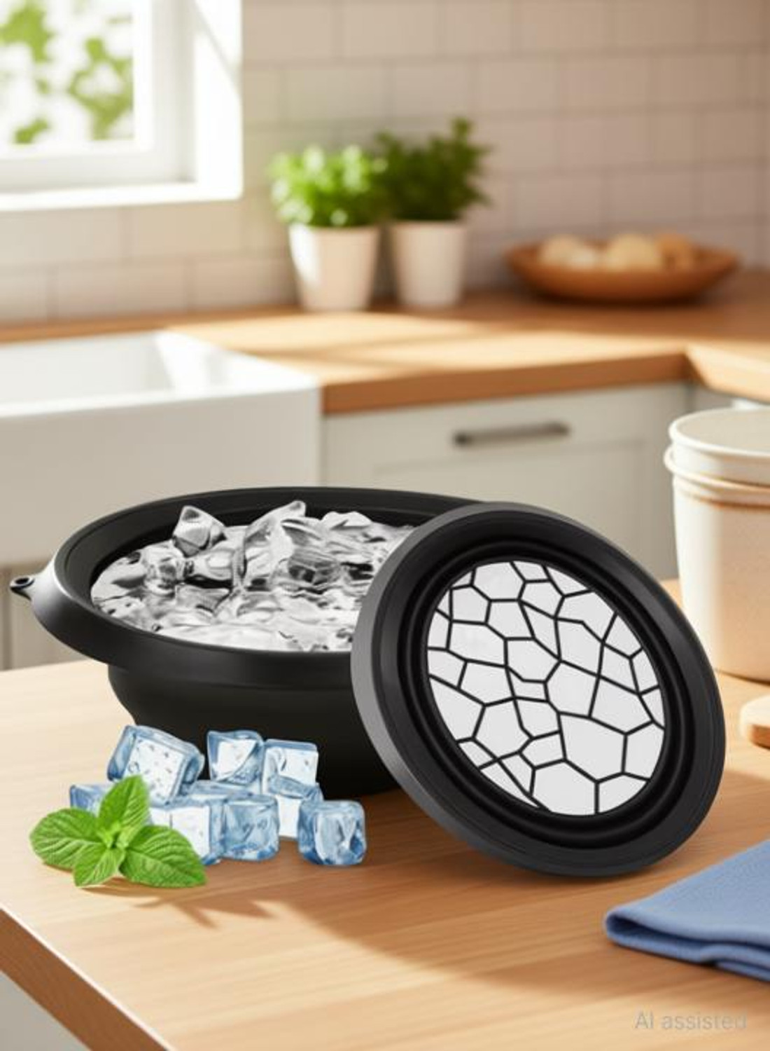 Image of DR.VS Collapsible Ice Facial Bowl with Lid Black Silicone Ice Cube Tray