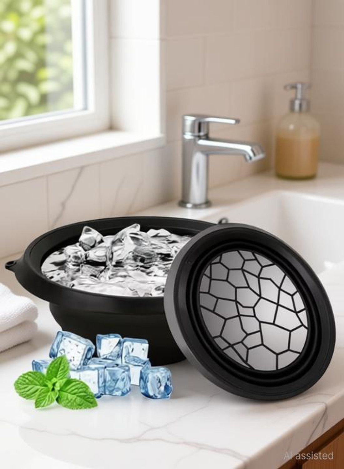 Image of DR.VS Collapsible Ice Facial Bowl with Lid Black Silicone Ice Cube Tray