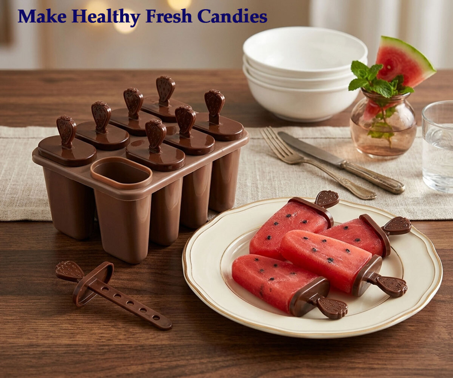 Image of SHIVGAURI Pack Of 2- 1 Ice Tray and 1 Ice Cream Moulds /Kulfi Mould Brown, Green Plastic Ice Cube Tray