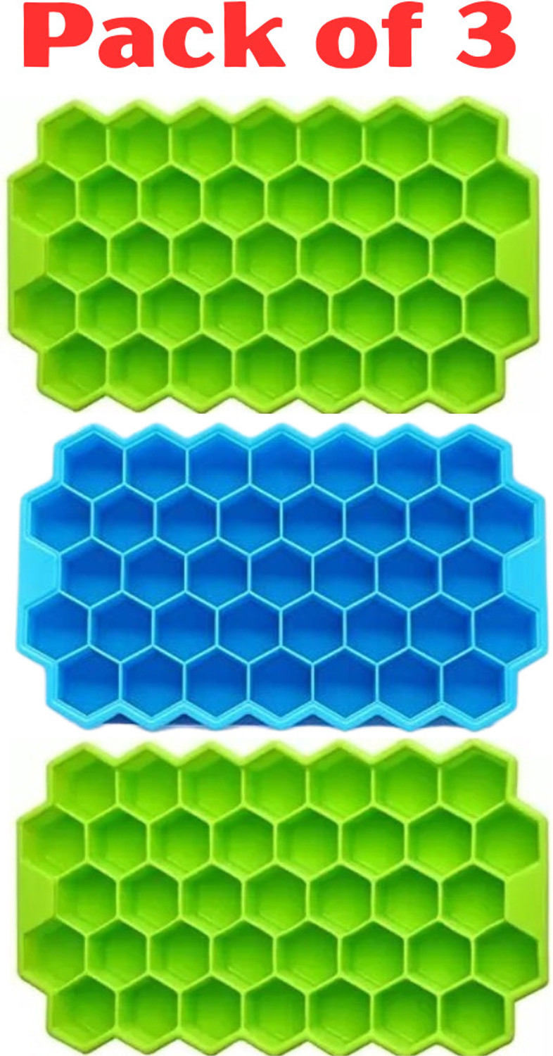 Image of Kamview 3 Pcs Flexible Silicone Honeycomb Shape 37 Cavity Ice Cube Tray Mould Blue, Green Silicone Ice Cube Tray (Pack of3)