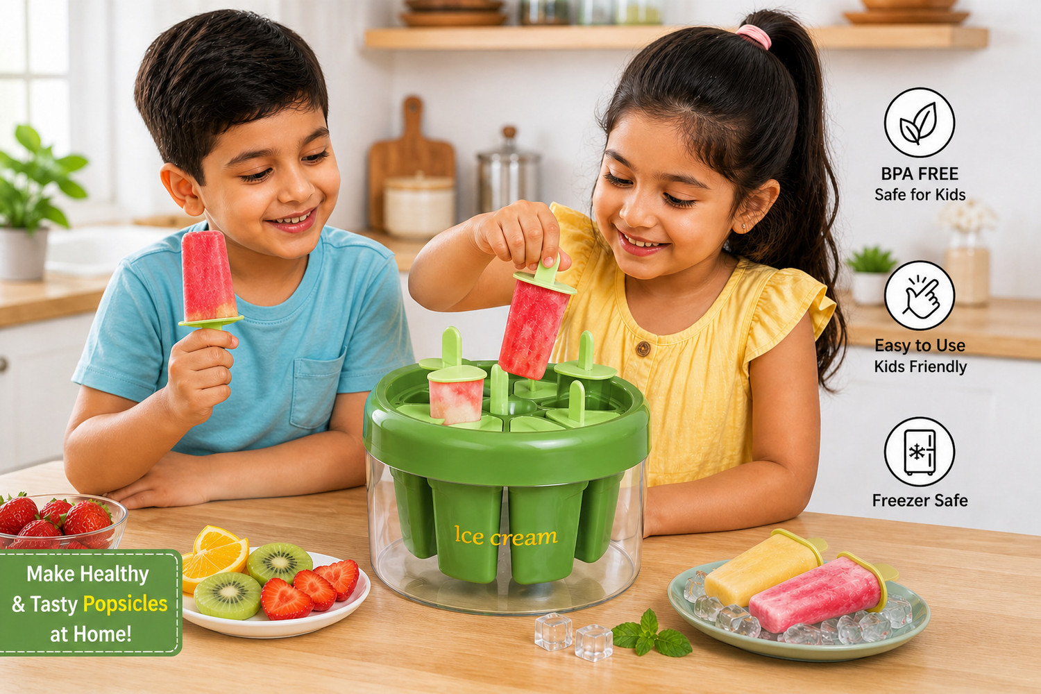 Image of GROWA Reusable Green Kulfi Maker Combo Popsicle Mold with 8 Slots Green Plastic Ice Cube Tray
