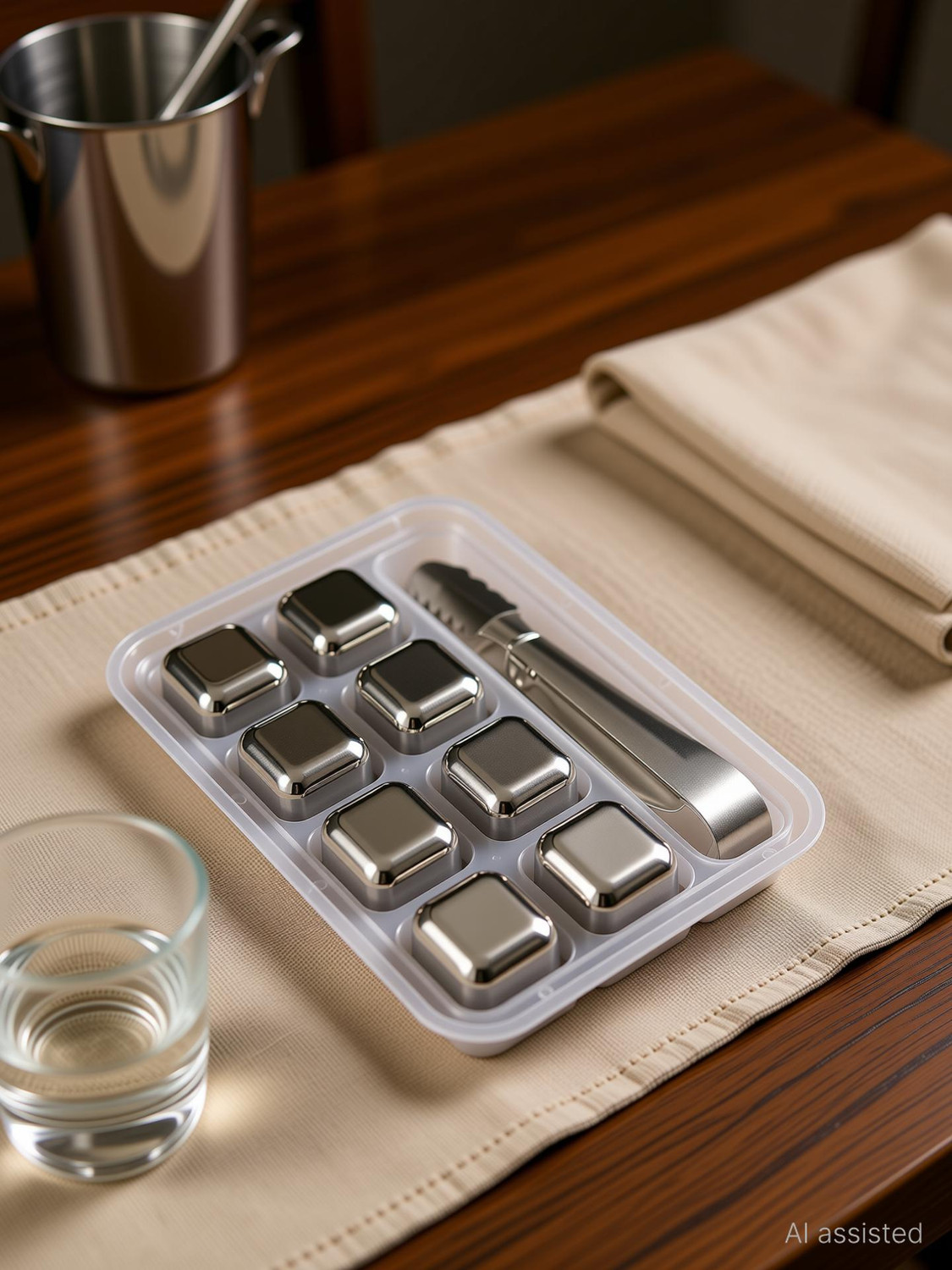 Image of Shree Varni Sales Stainless Steel Ice Cubes ( 8 Pcs) with Tong White Steel Ice Cube Tray