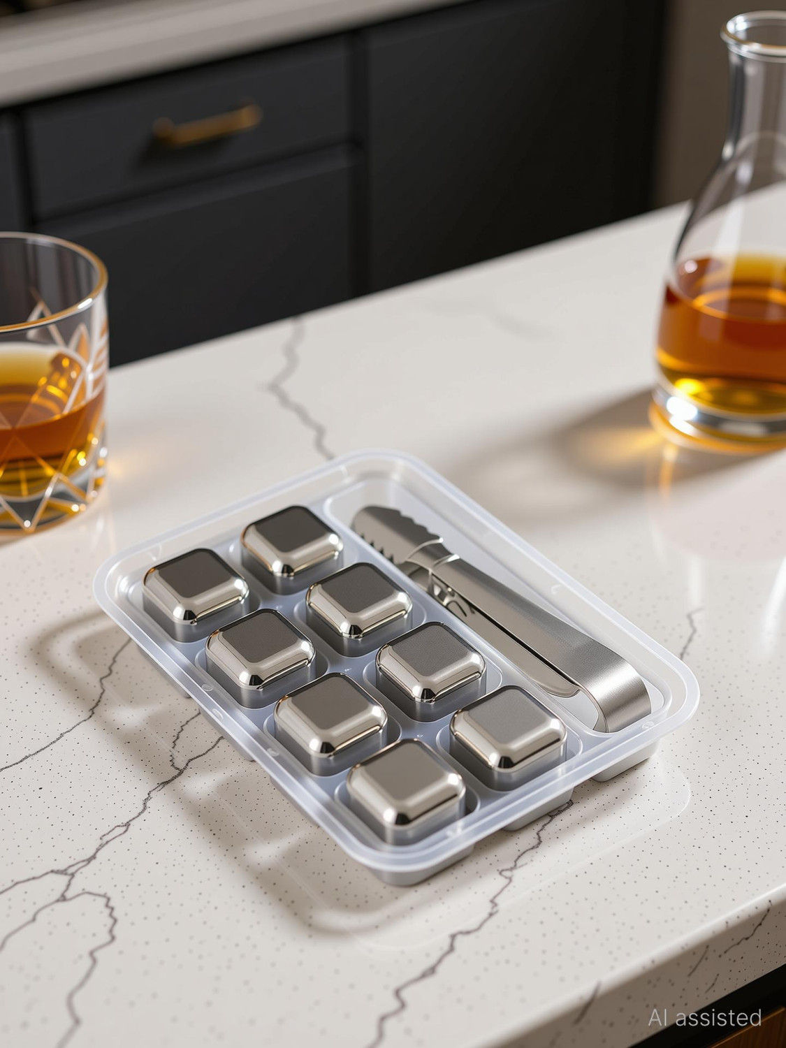 Image of Shree Varni Sales Stainless Steel Ice Cubes ( 8 Pcs) with Tong White Steel Ice Cube Tray