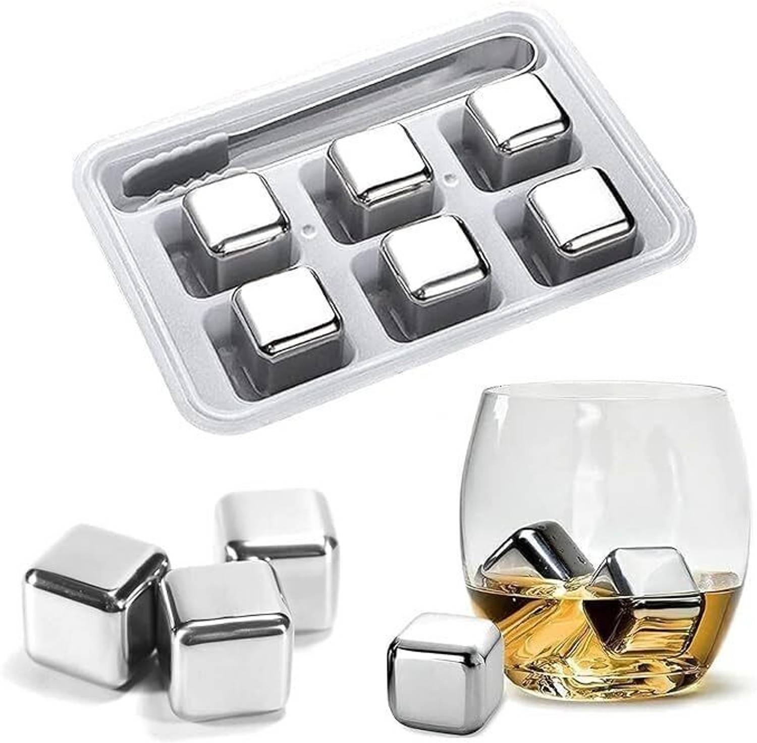 4tens 6Pcs Whiskey Stones Set Reusable Ice Cubes Chilling Stones with Ice Tongs Silver Steel Ice Cube Tray