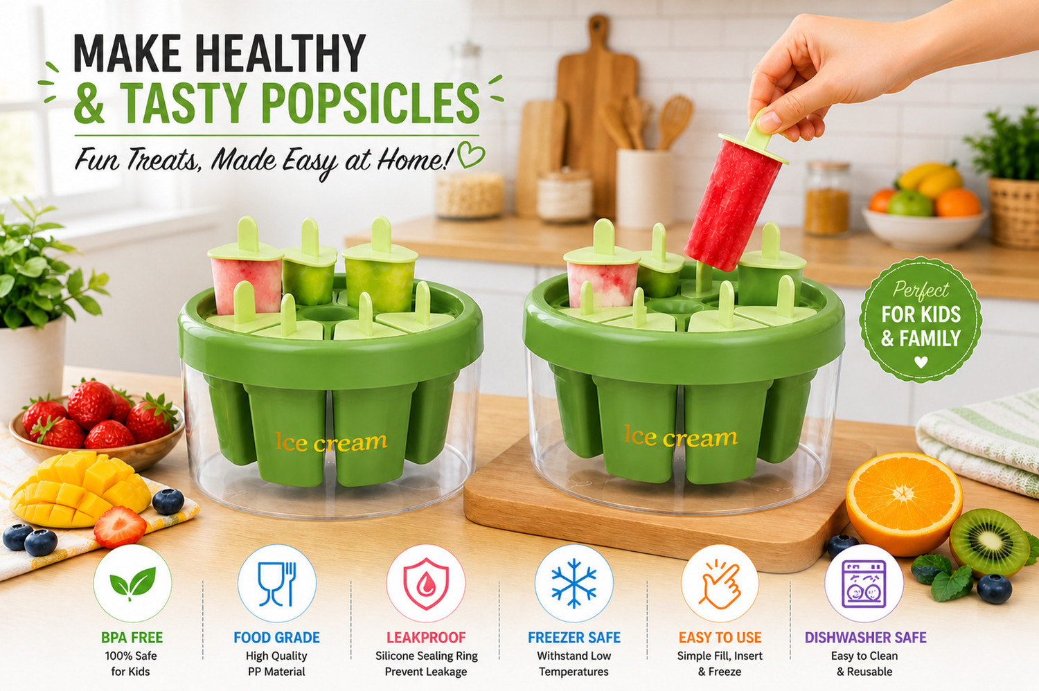 Image of GROWA Reusable Green Kulfi Maker Combo Popsicle Mold with 8 Slots Green Plastic Ice Cube Tray