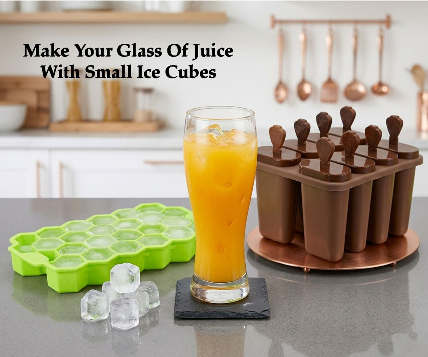 Image of SHIVGAURI Pack Of 2- 1 Ice Tray and 1 Ice Cream Moulds /Kulfi Mould Brown, Green Plastic Ice Cube Tray