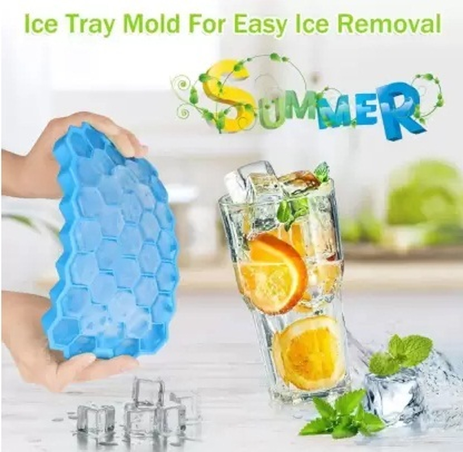 Image of Kamview 3 Pcs Flexible Silicone Honeycomb Shape 37 Cavity Ice Cube Tray Mould Blue, Green Silicone Ice Cube Tray (Pack of3)