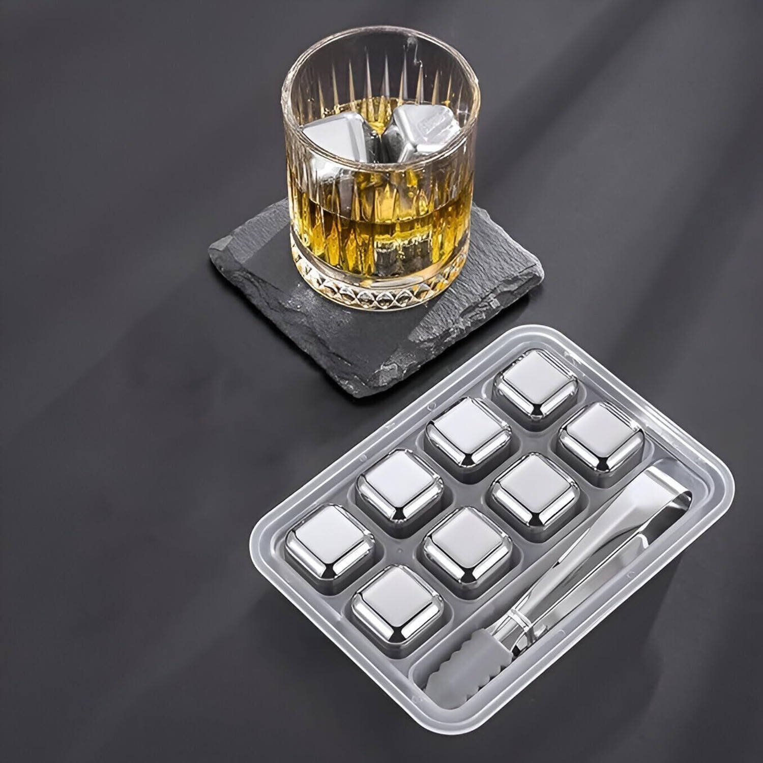 Image of Shree Varni Sales Stainless Steel Ice Cubes ( 8 Pcs) with Tong White Steel Ice Cube Tray