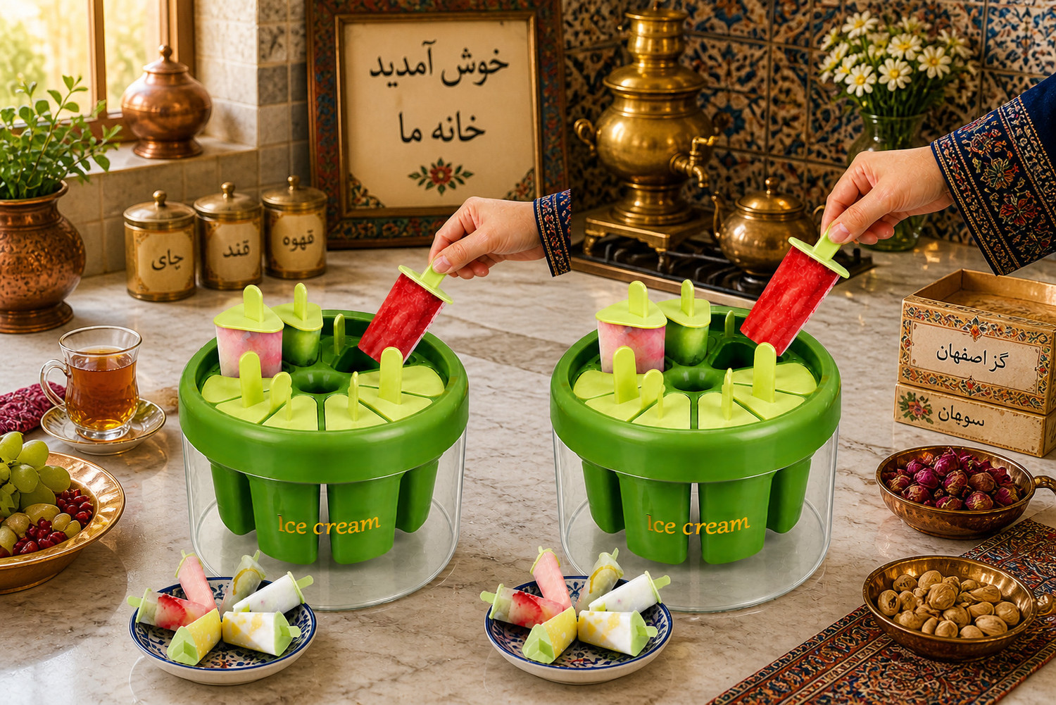 Image of GROWA Reusable Green Kulfi Maker Combo Popsicle Mold with 8 Slots Green Plastic Ice Cube Tray