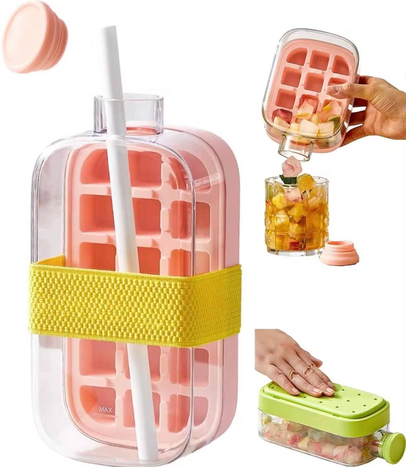Premium pink Ice Cube Water Bottle with Built-in Ice Tray