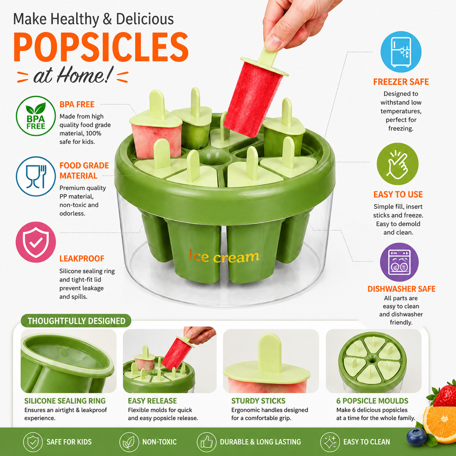 Image of GROWA Reusable Green Kulfi Maker Combo Popsicle Mold with 8 Slots Green Plastic Ice Cube Tray