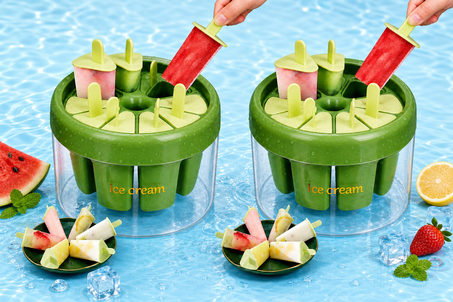 Image of GROWA Reusable Green Kulfi Maker Combo Popsicle Mold with 8 Slots Green Plastic Ice Cube Tray