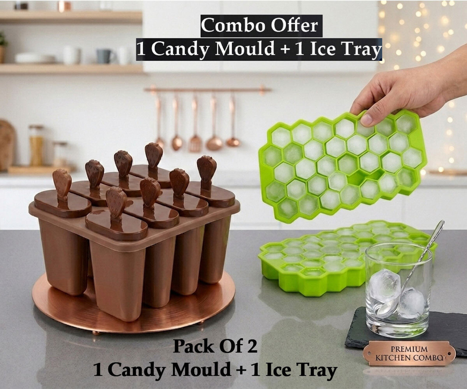 Image of SHIVGAURI Pack Of 2- 1 Ice Tray and 1 Ice Cream Moulds /Kulfi Mould Brown, Green Plastic Ice Cube Tray