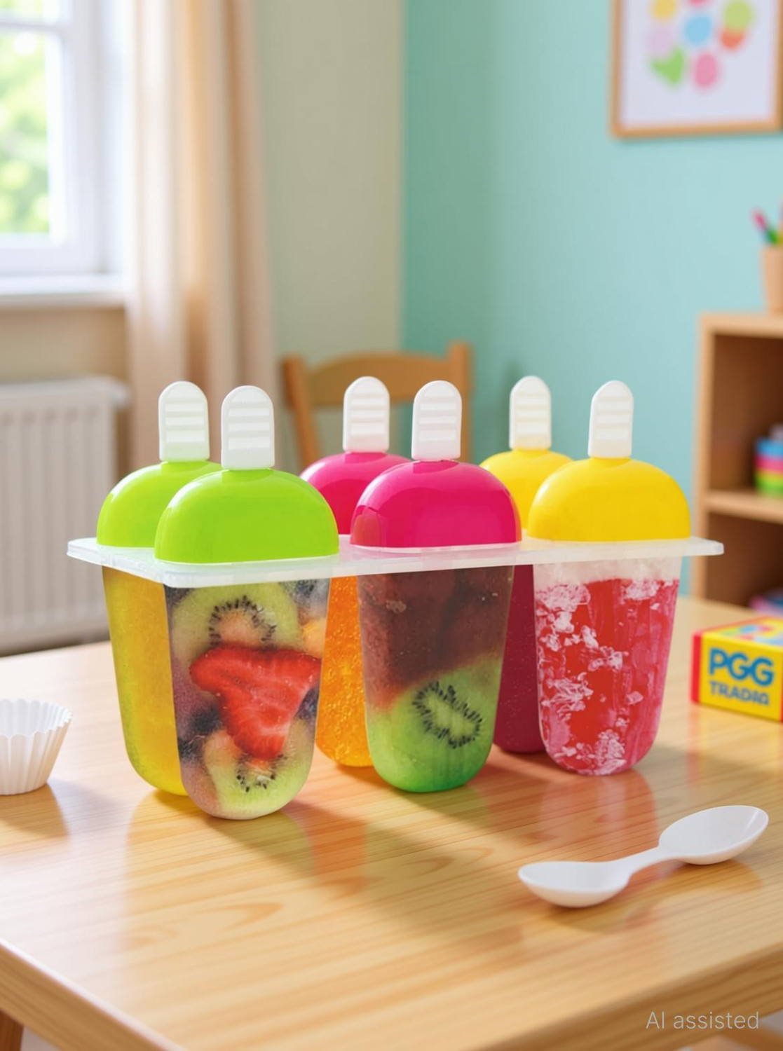 Image of PGK TRADERS Plastic Reusable Popsicle Molds Ice Pop Makers Ice Pop Molds Kulfi Maker Mould, Candy Maker Plastic Popsicle Mold, Kids Ice Cream Tray Holder (Set of 6) Multicolor Plastic Ice Cube Tray