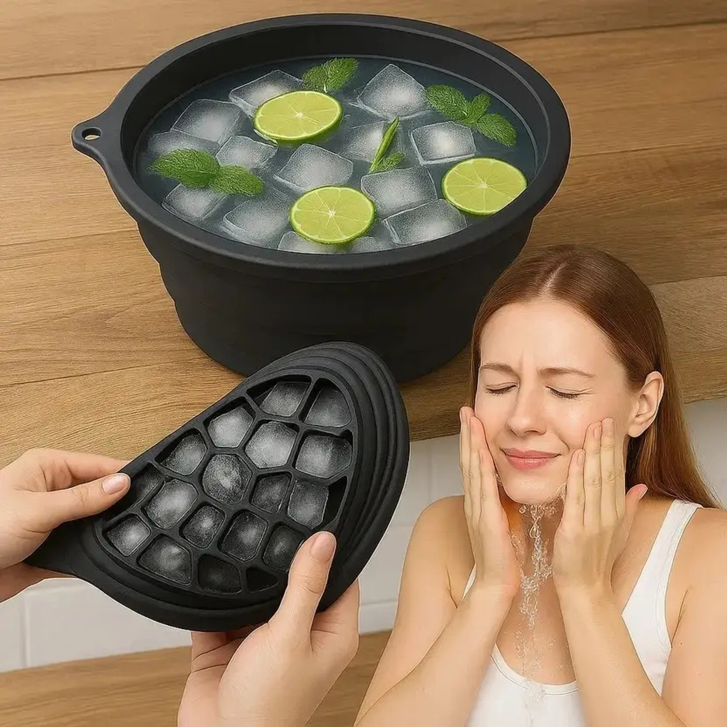 Image of Vivat Silicone Massage Bowl Facial Ice Bath, Collapsible Bowl for Face Ice Bath Black Silicone Ice Cube Tray