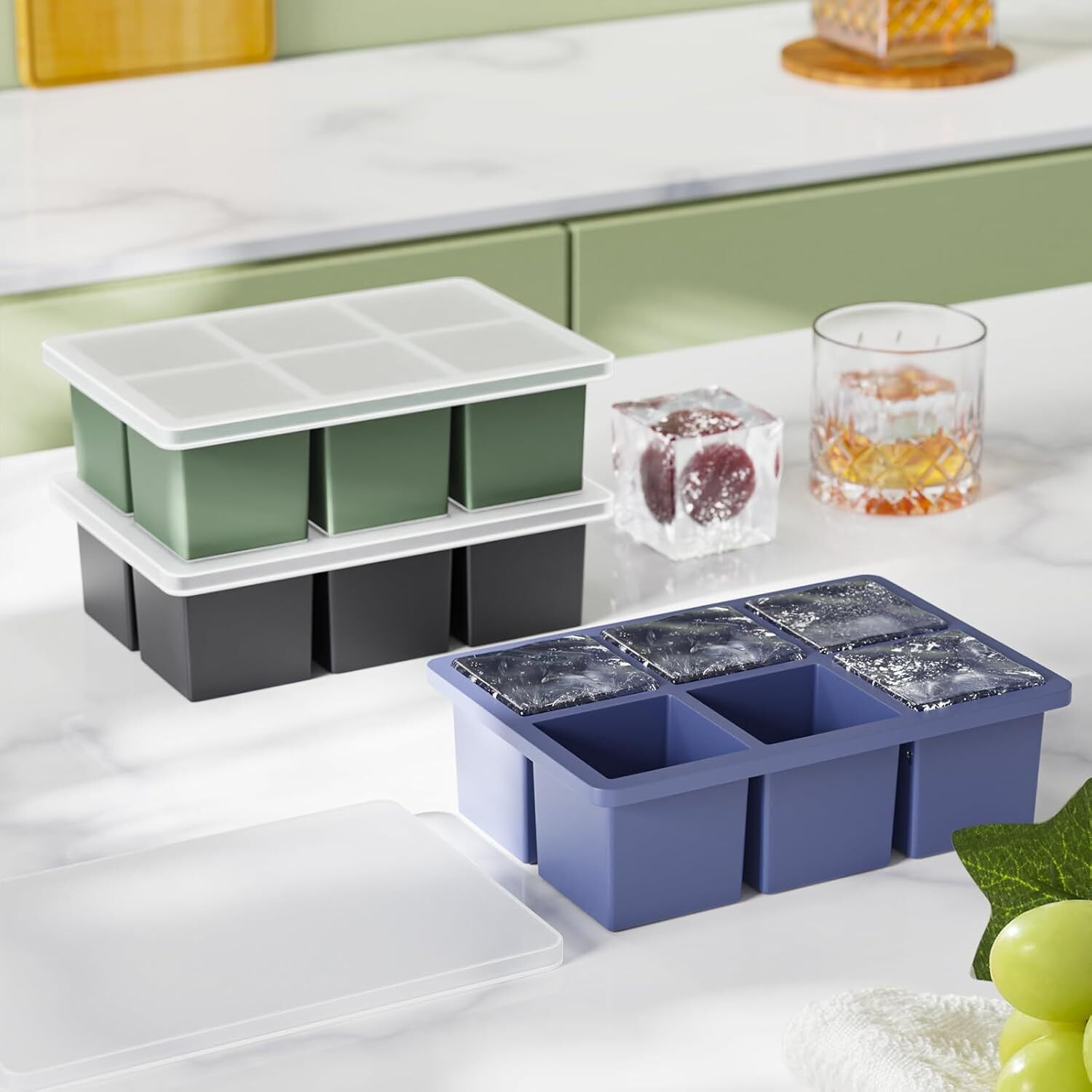 Image of XDHARMISHT Large Ice Cube Tray for Whiskey Blue, Green, Black Silicone Ice Cube Tray