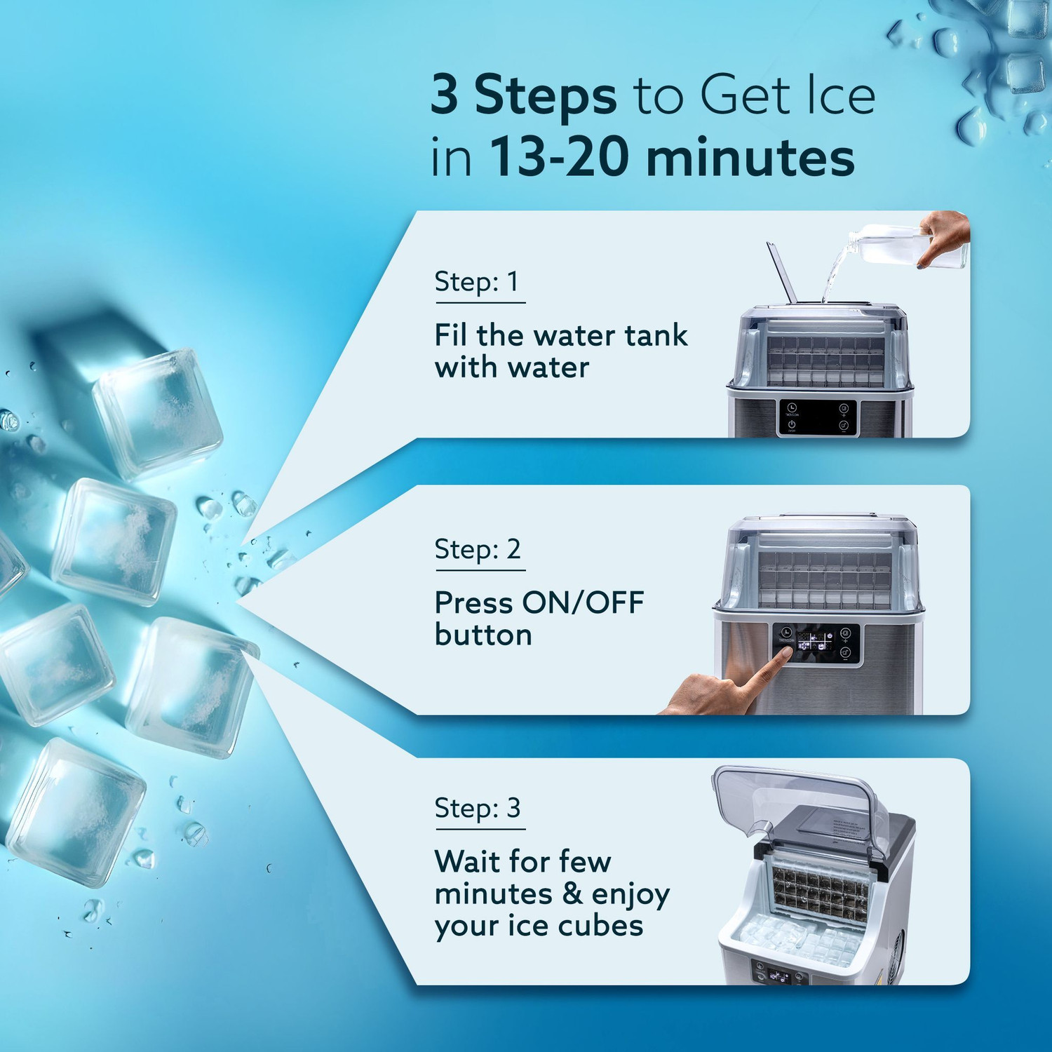 Image of AGARO Galaxy Ice Maker, Compact Ice Maker, 3.2L water Tank, Cube ice, Stainless Steel. Ice Maker