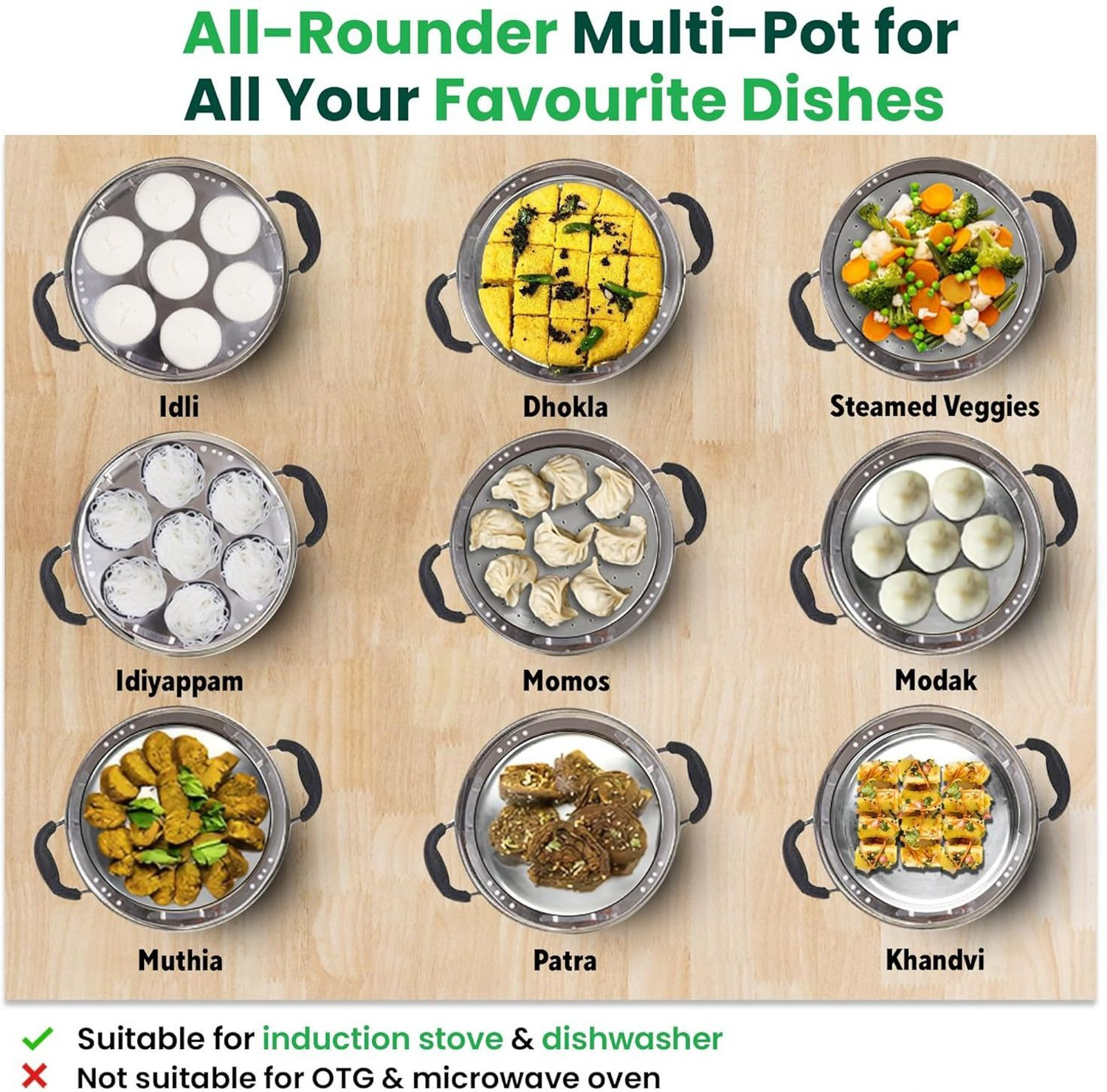 Image of MITHALI Stainless Steel Multi Kadai with 2 Idli, 2 Dhokla & 1 Patra Steamer Plate Induction & Standard Idli Maker