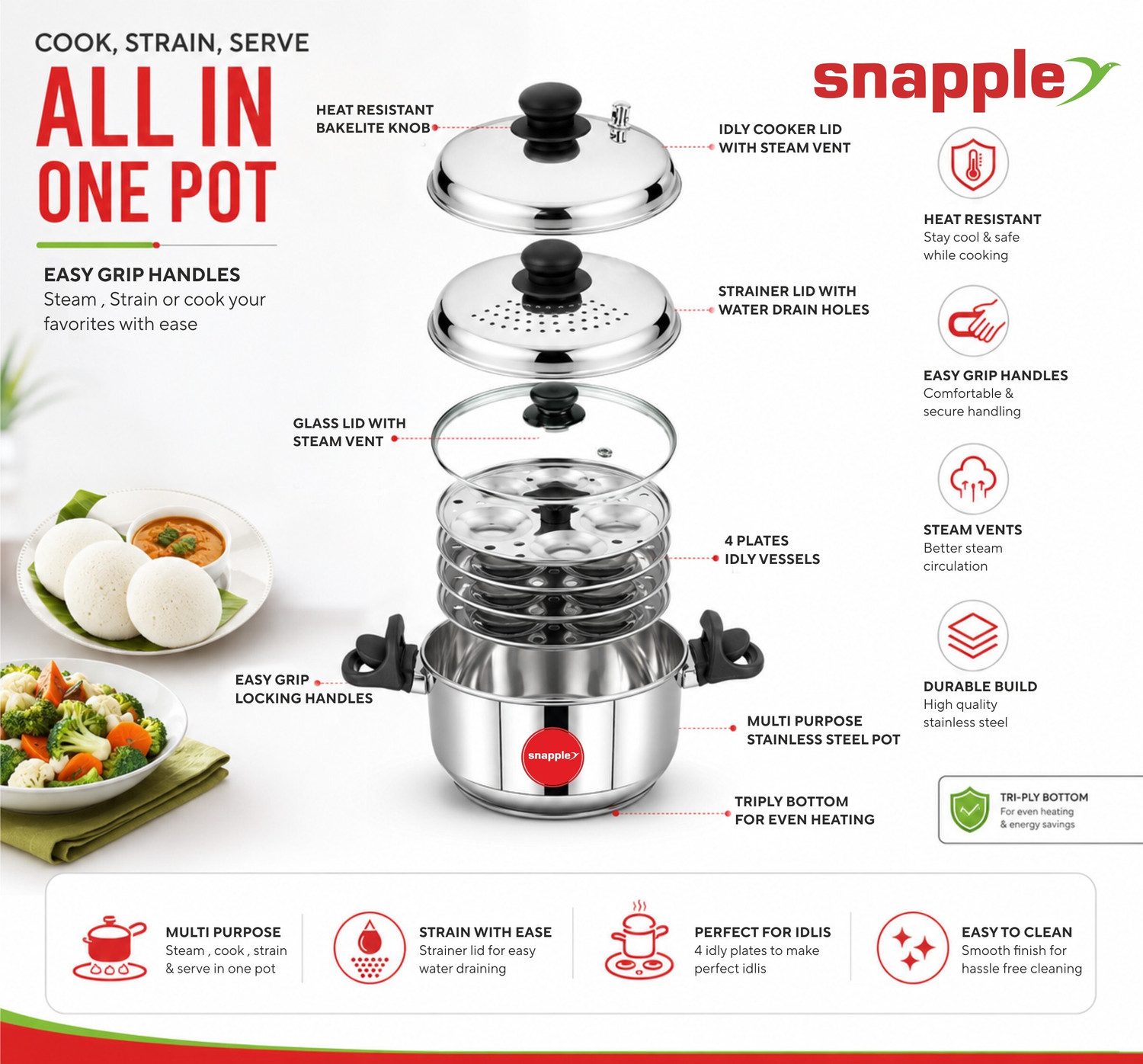 Image of Snapple Maxima Rice Strainer MultiPot SS304 Triply Bottom Induction & Standard Idli Maker