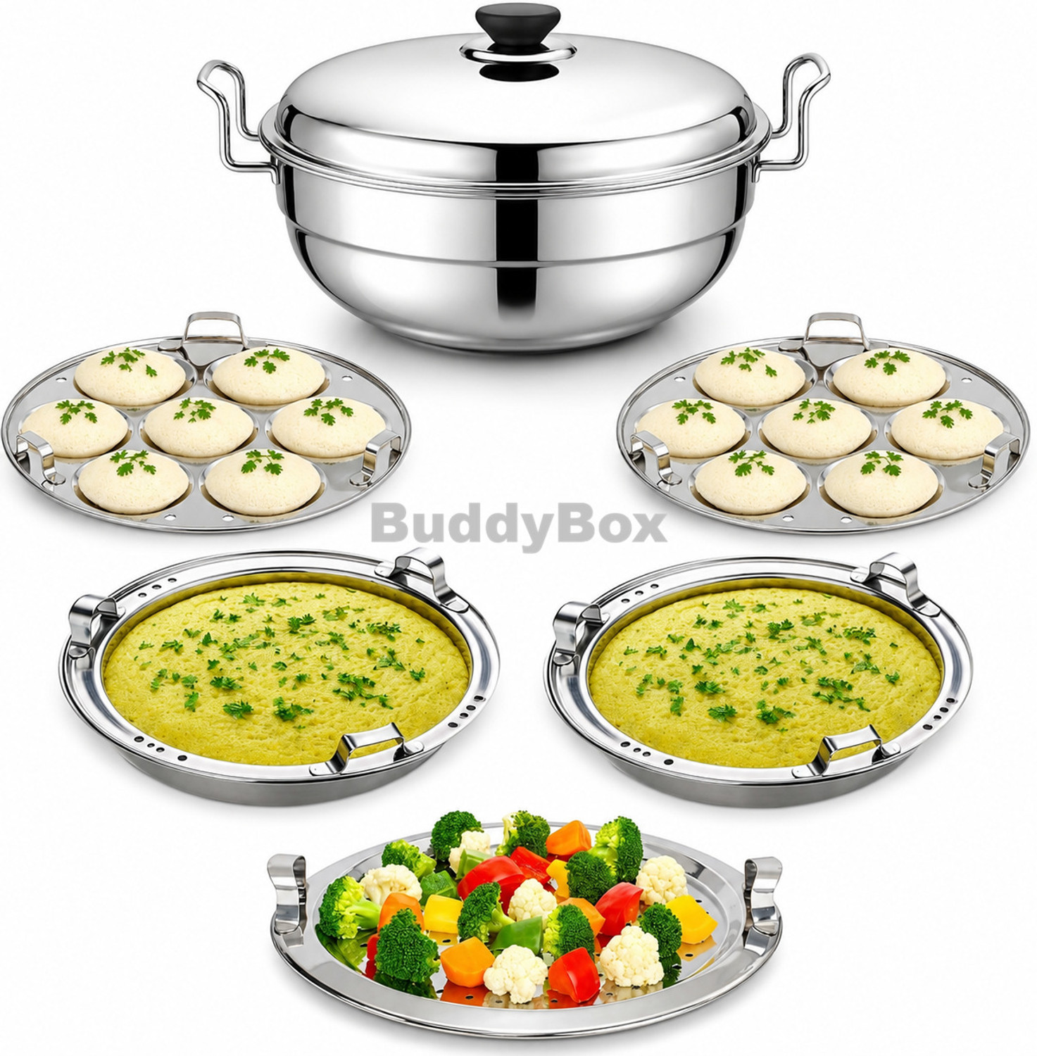 Image of Sambhavnath Multi Kadai Steamer Big Size 7 Plate, 2 Idli |2Dhokla|1 Patra|Momo's| Standard Idli Maker