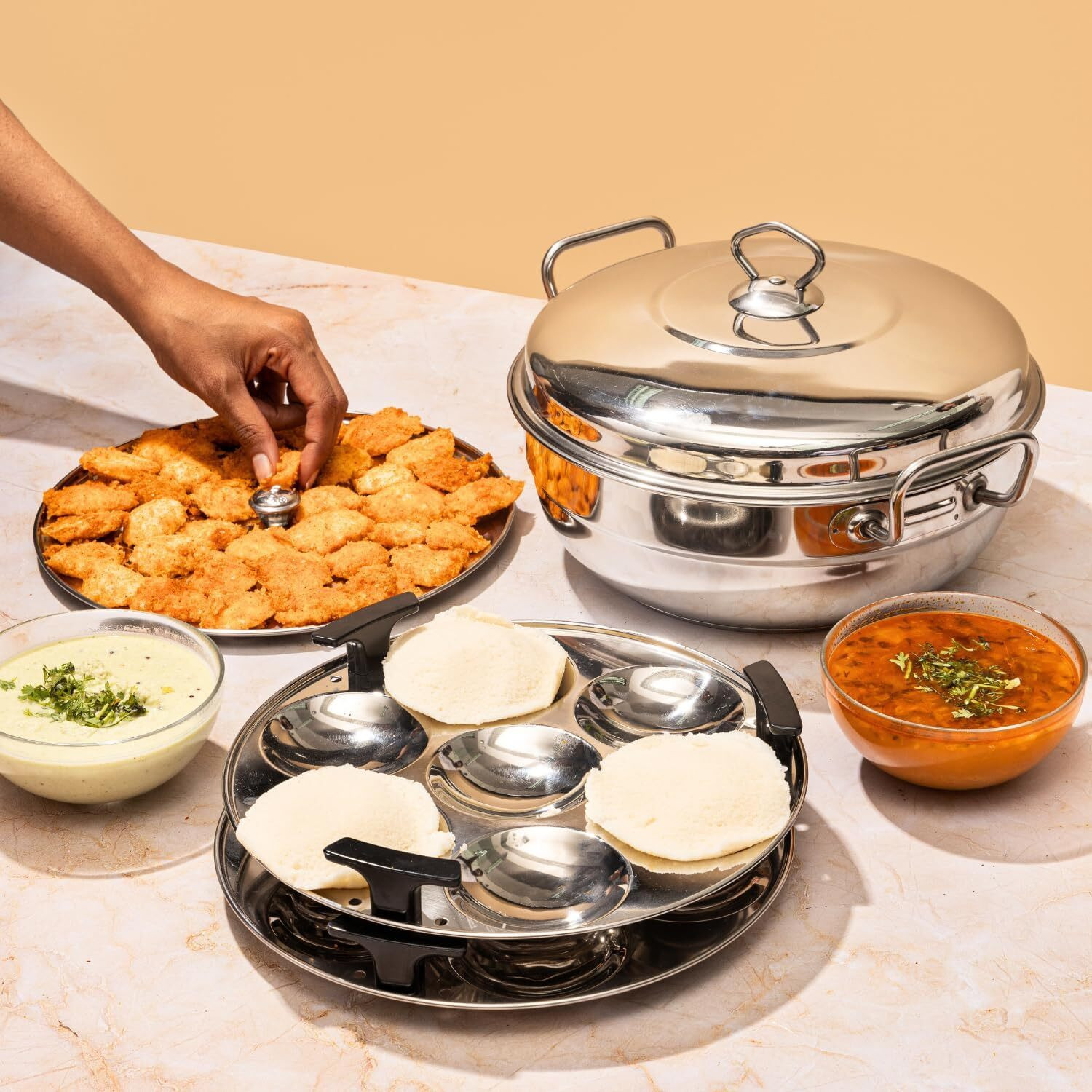Image of MITHALI Multi Kadai Steamer Big Size 6 Plate, 2 Idli|2 Mini Idli|2 Dhokla|1 Patra|Momo's Induction & Standard Idli Maker
