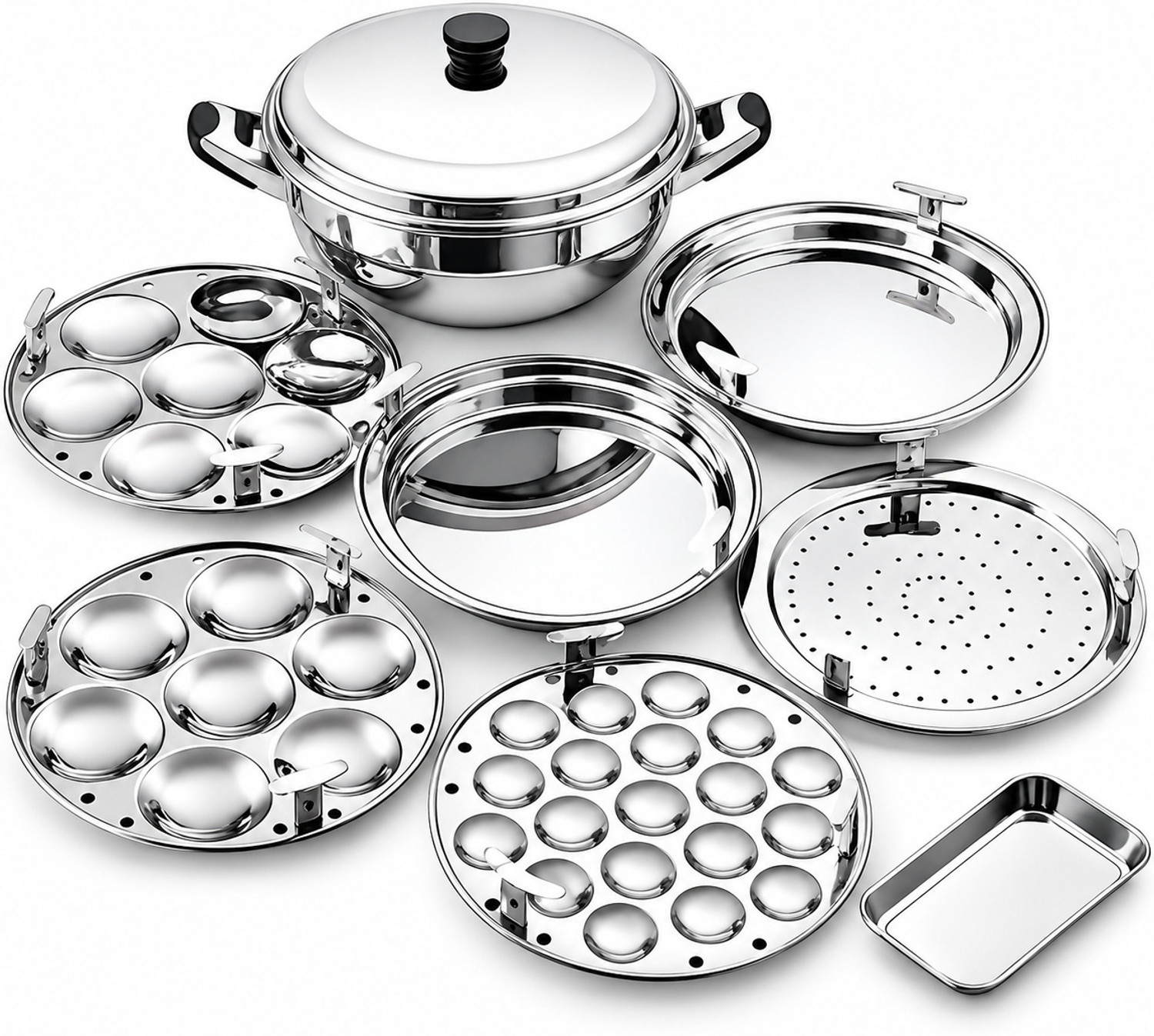 Image of BuddyBox Idli maker Multi Kadhai with 2 Idli maker, 2 Dhokla maker, 1 Patra , 1Mini idli Induction & Standard Idli Maker